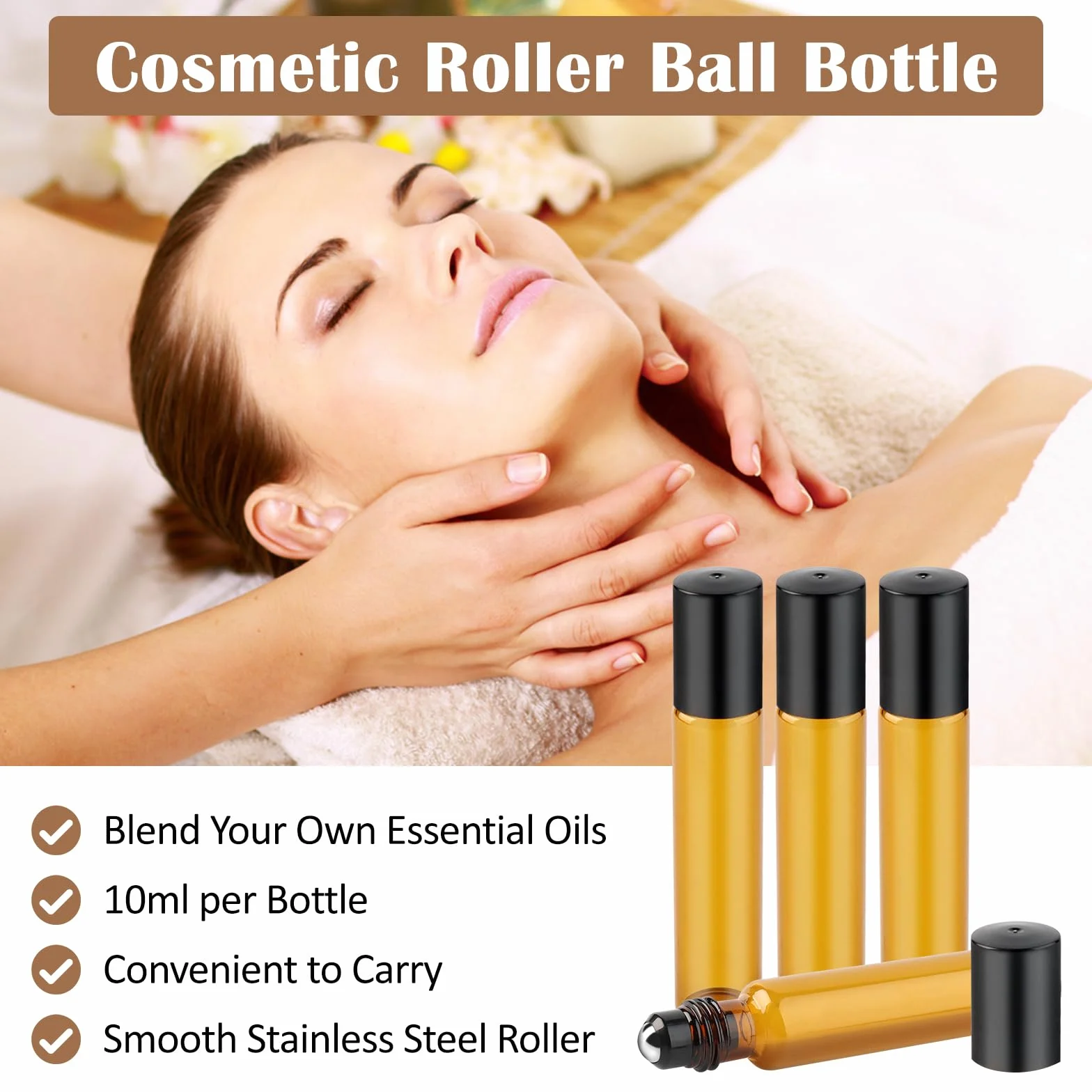 Bouteilles à Huile Essentielle en Verre 10ml Flacons Roll-on Rechargeable Marron Vide pour Aromathérapie Massage
