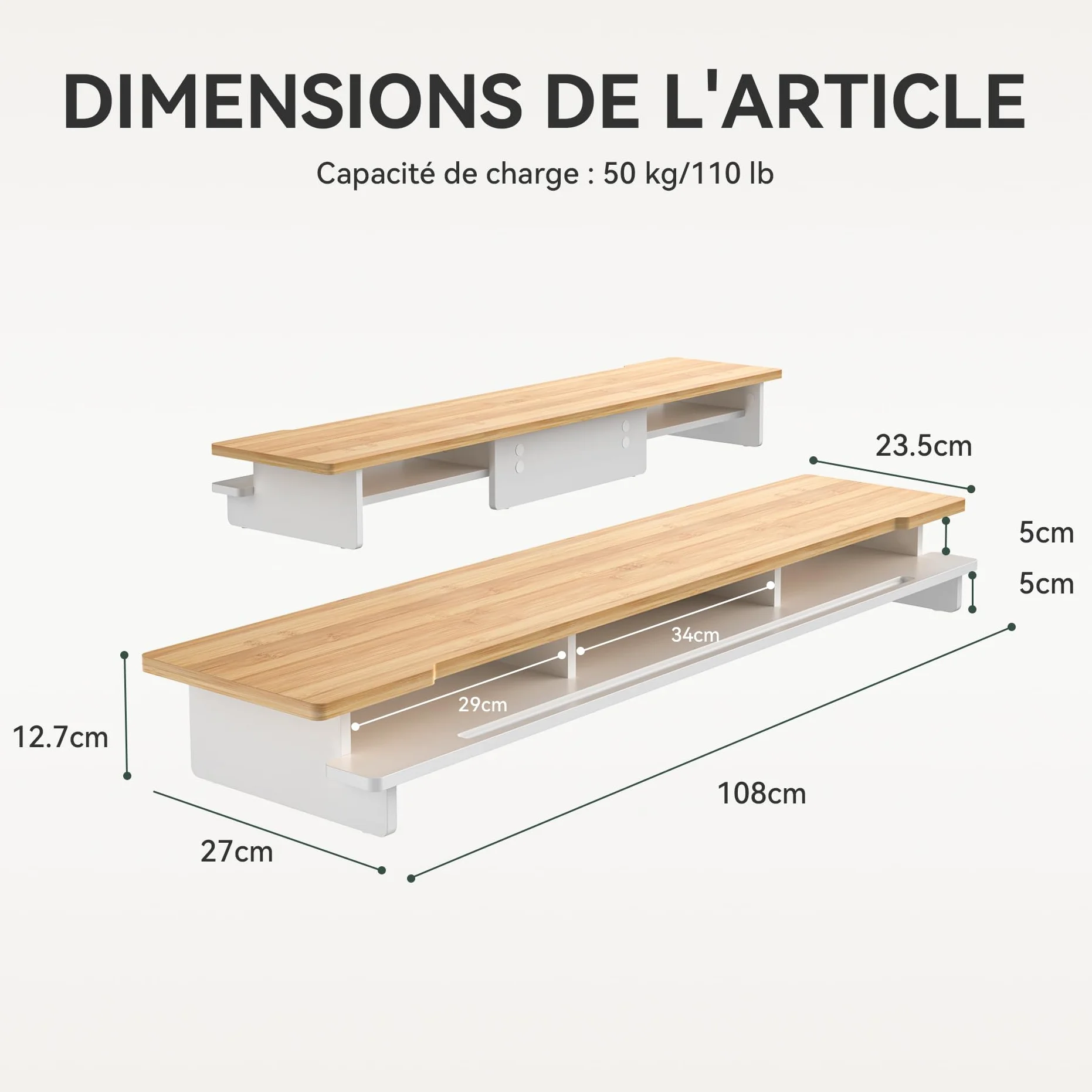 WELL WENG Support double pour moniteur de bureau, étagère en bois avec organiseur de rangement et support pour smartphone et tablette 108 cm blanc bambou naturel
