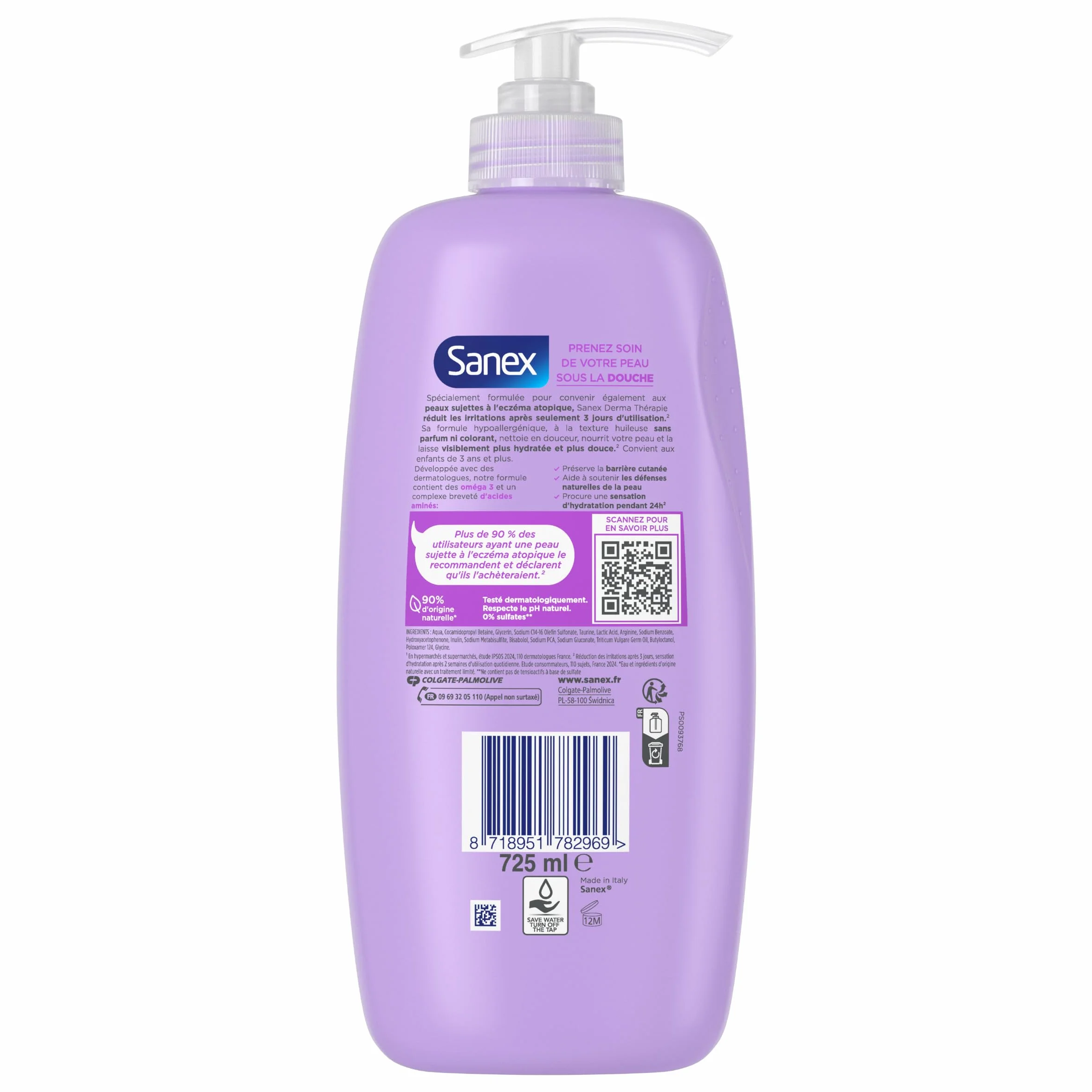 SANEX Derma Thérapie Huile de douche anti-démangeaisons Gel Douche Peaux sujettes à l’eczéma atopique hypoallergénique 725ml