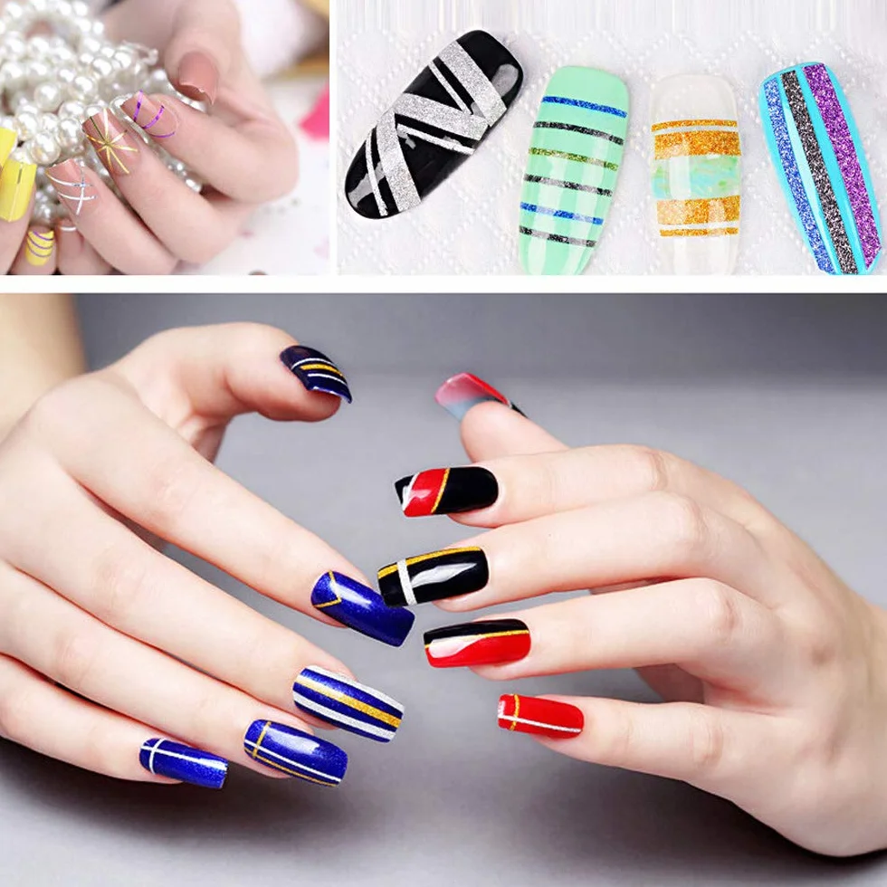 Ruban Autocollants à Ongles 32 Rouleaux Couleurs Mélangées, Accessoires Nail Art DIY Or Argent