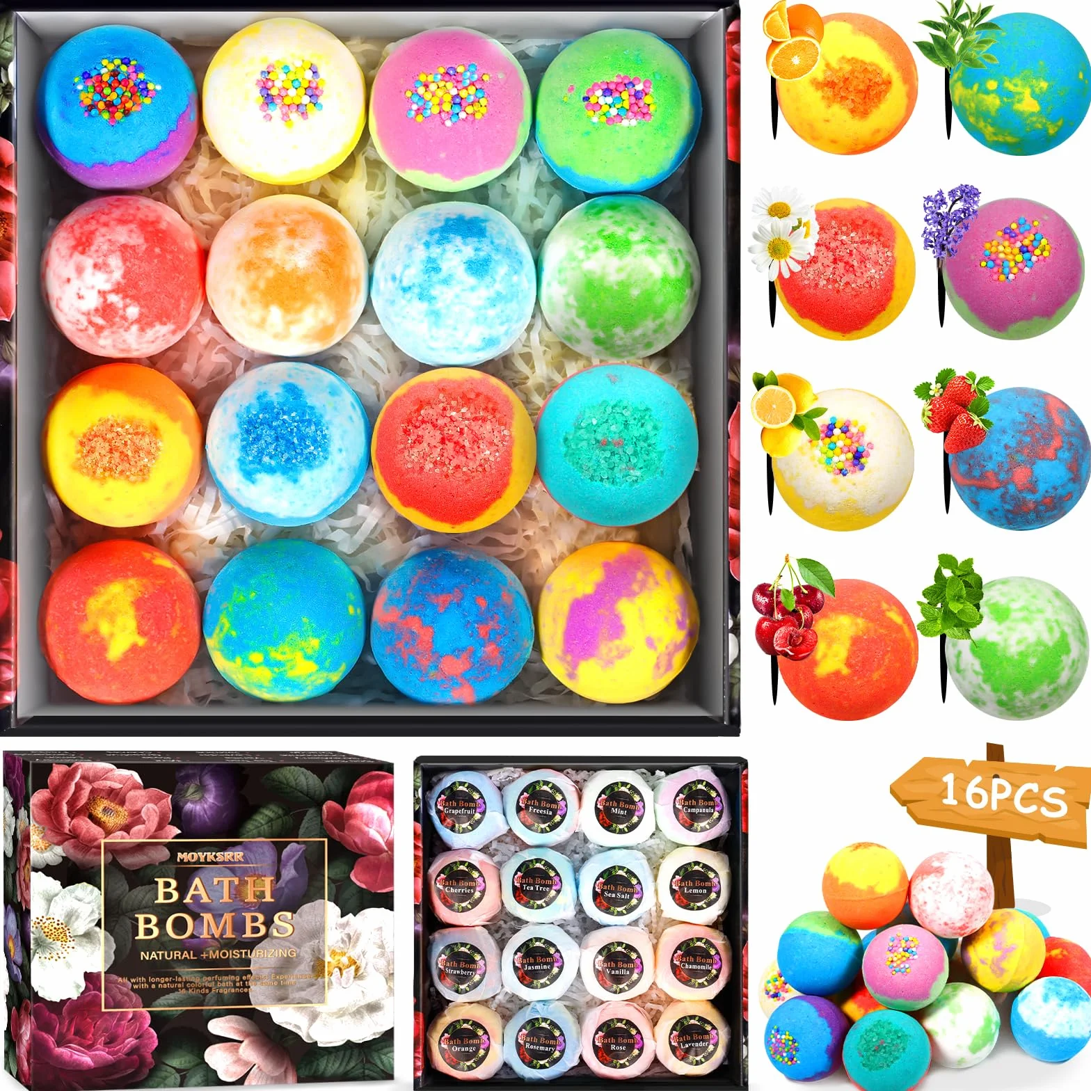 MOYKSRR Bombes de Bain Lot de 16 Coffret Cadeau Boules de Bain Moussantes Biologiques et Naturelles