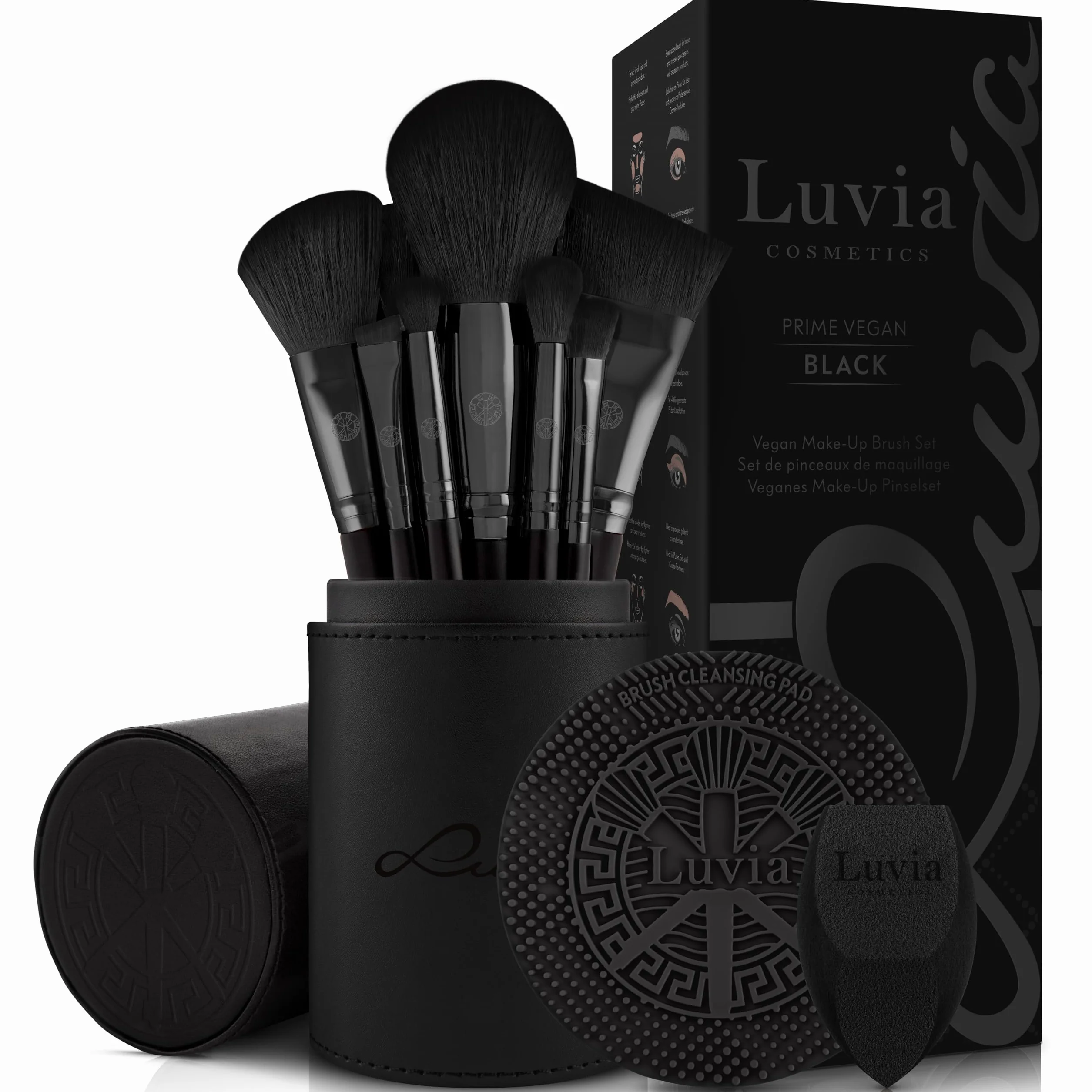 Set de pinceaux de maquillage Luvia Prime Vegan Pro - Noir, 12 pinceaux avec rangement, éponge Blender et tapis de nettoyage