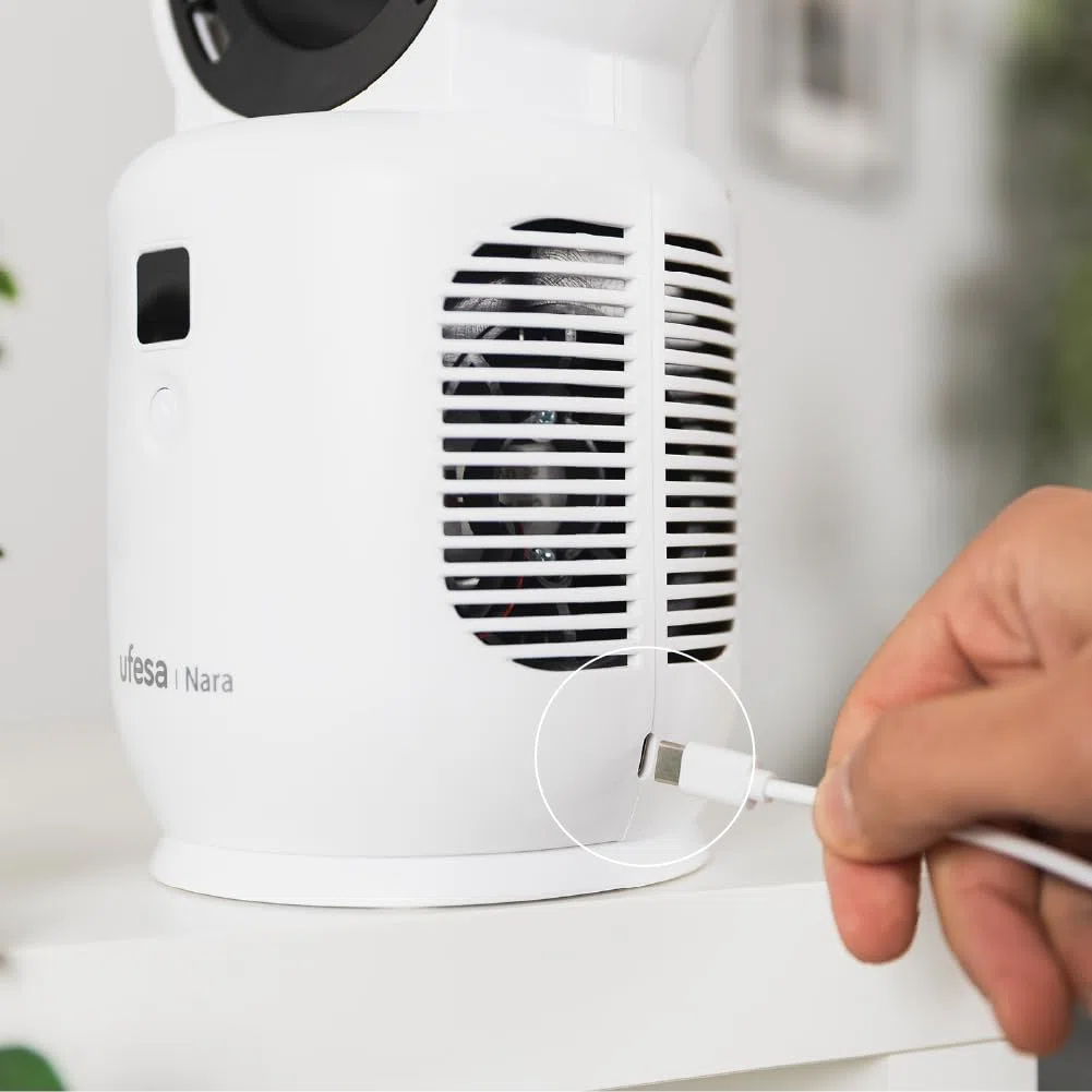 Ufesa Ventilateur de Table Sans Hélices Nara, Rechargeable, 10W, USB-C, 3 Vitesses, Écran LED, Batterie 2200 mAh, Utilisation avec ou sans Câble, Recharge Rapide, Compact