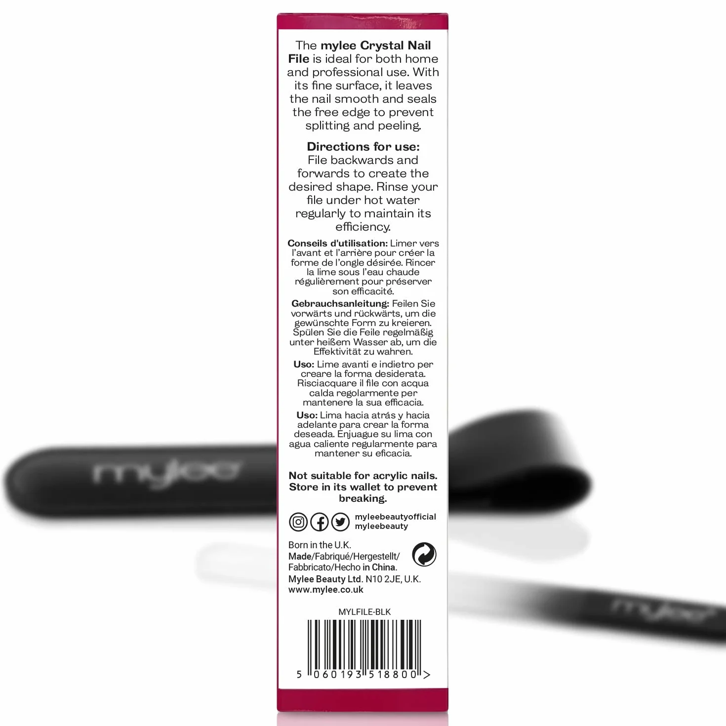 Mylee Lime à Ongles en Cristal avec Etui - Manucure Professionnelle Hygiénique, Garantie 5 Ans