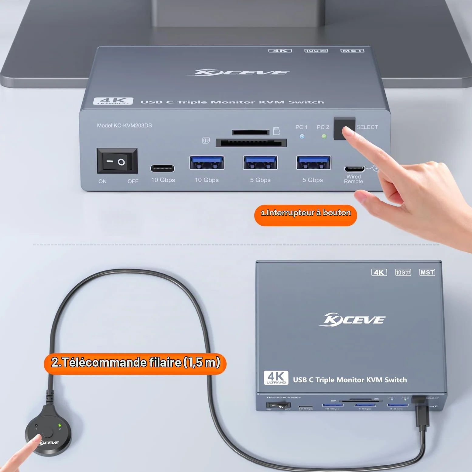 Thunderbolt 4 KVM Switch 3 Moniteurs 2 Laptops 4K@60Hz,USB C KVM Switch Displaylink Docking Station pour Windows Mac M1-M5, Affichages Triples étendus, PD 100W, USB 3.0, USB 3.2, SD/TF, Ethernet 1G