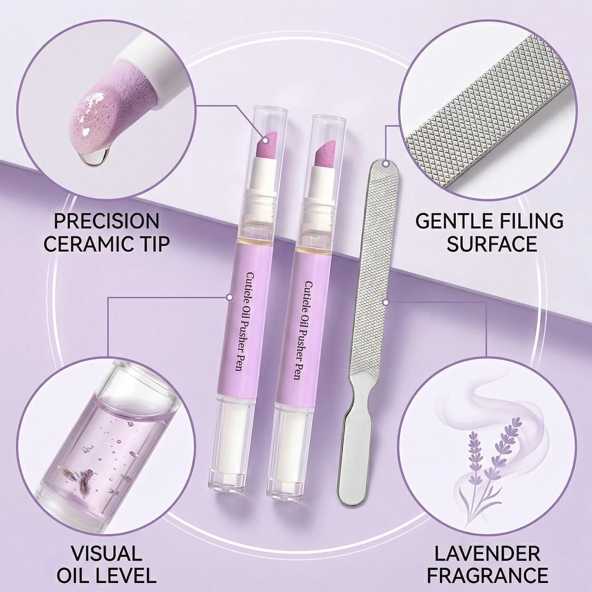 Set de stylos à huile pour cuticules 2 en 1 Pointe en céramique Parfum lavande Soin manucure portable