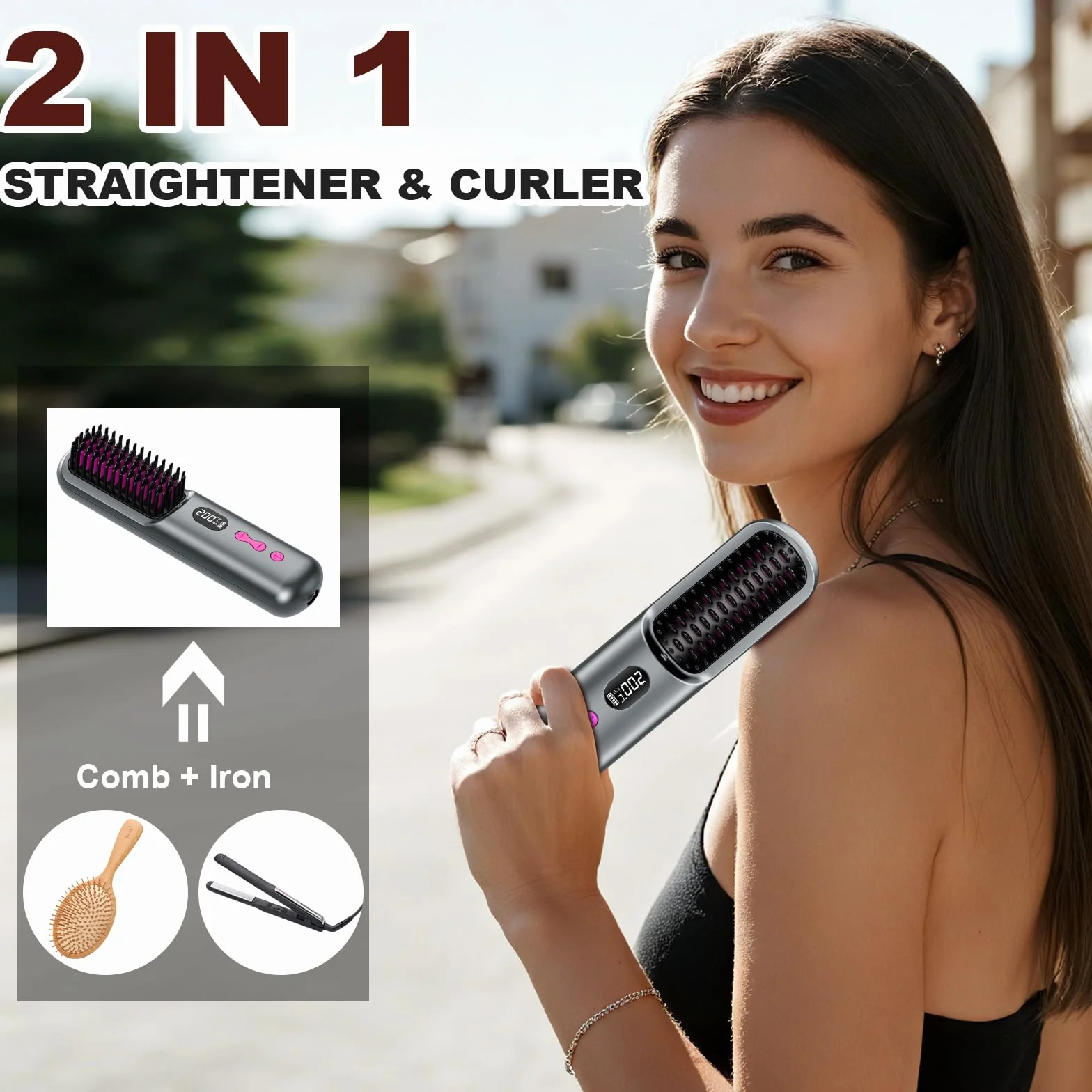 Brosse lissante sans fil rechargeable USB 9600 mAh ion négatif chauffante gris
