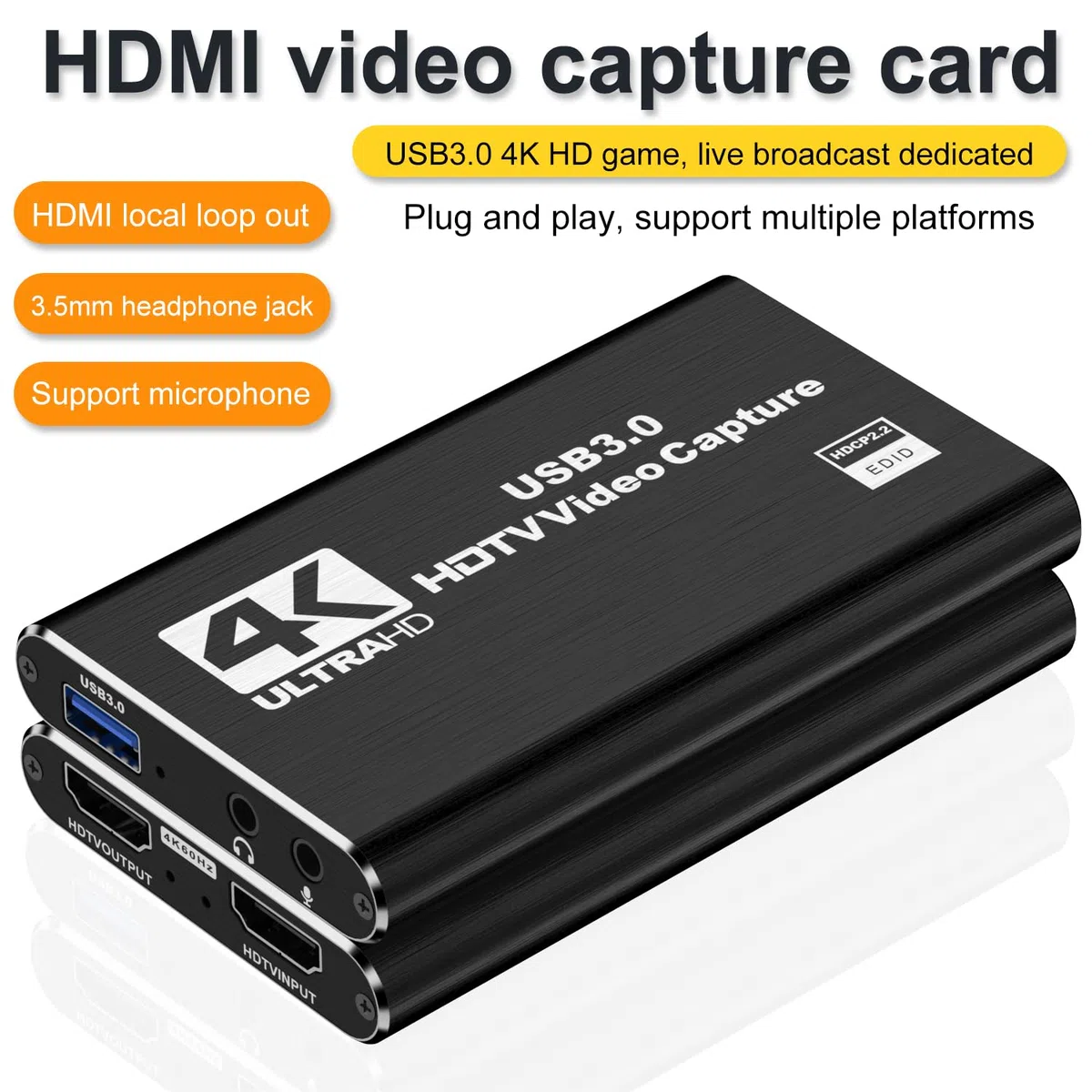 dobestyou Carte de Capture 4K pour Streaming, Enregistrement et Jeu - Appareil de Capture vidéo HDMI avec USB 3.0, 1080p 60 fps, zéro Latence pour PS5, Xbox, Switch, OBS, PC, Mac - Plug & Play, Aucun