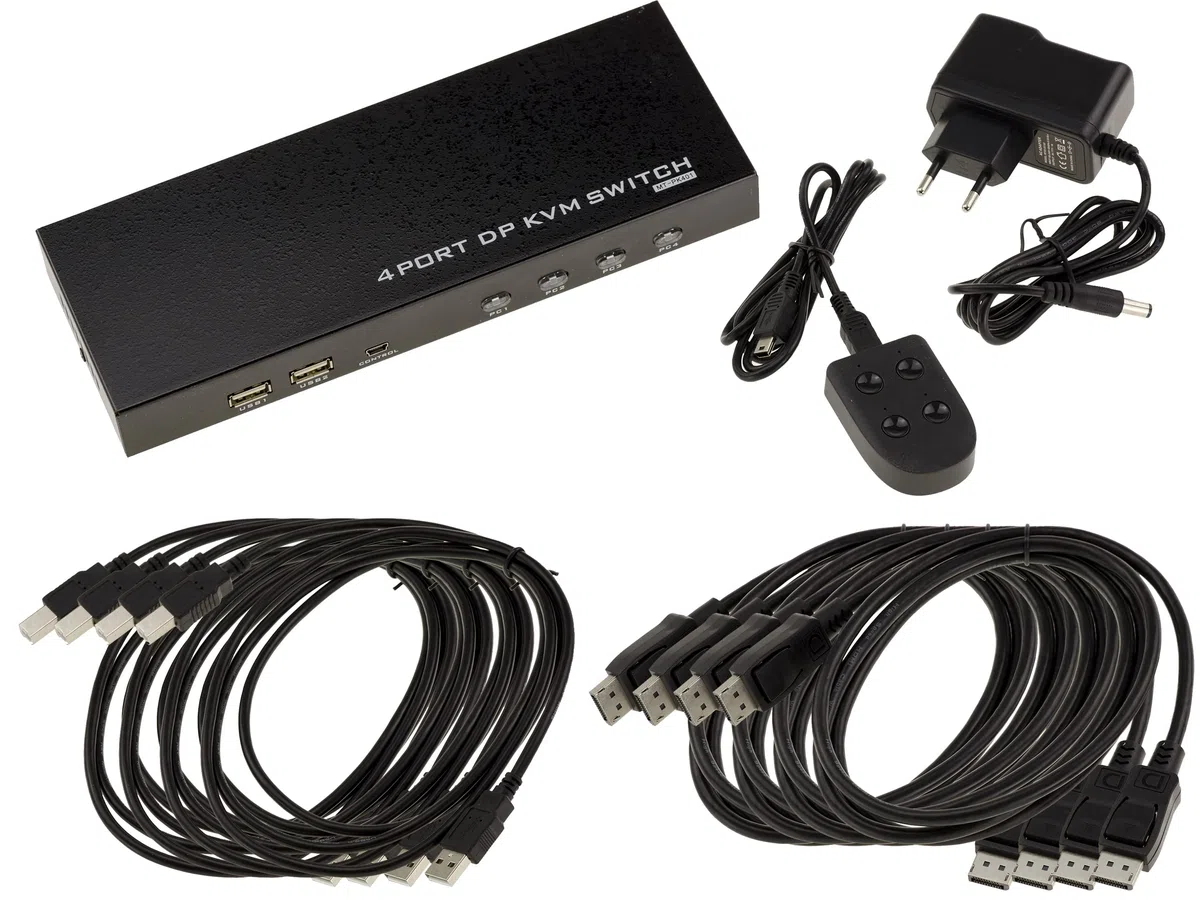 KALEA-INFORMATIQUE KVM Switch Automatique pour 4 PC avec Liaison écran DISPLAYPORT 4K 60Hz et Clavier Souris sur Port USB. avec télécommande, Alimentation et Cordons - Ultra HD 4K 60Hz