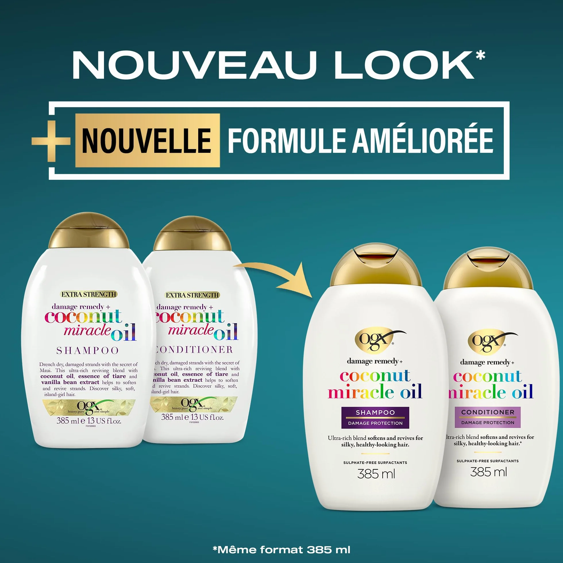 OGX Shampooing Extra Strength Damage Remedy Coconut Miracle Oil 385 ml Shampoing réparateur au lait de coco