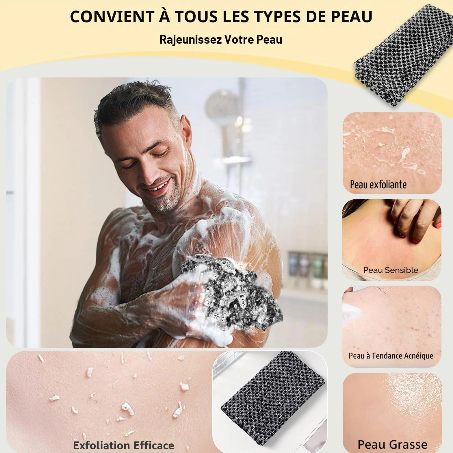 Serviette de Douche exfoliante Double Face Extra Longue réutilisable