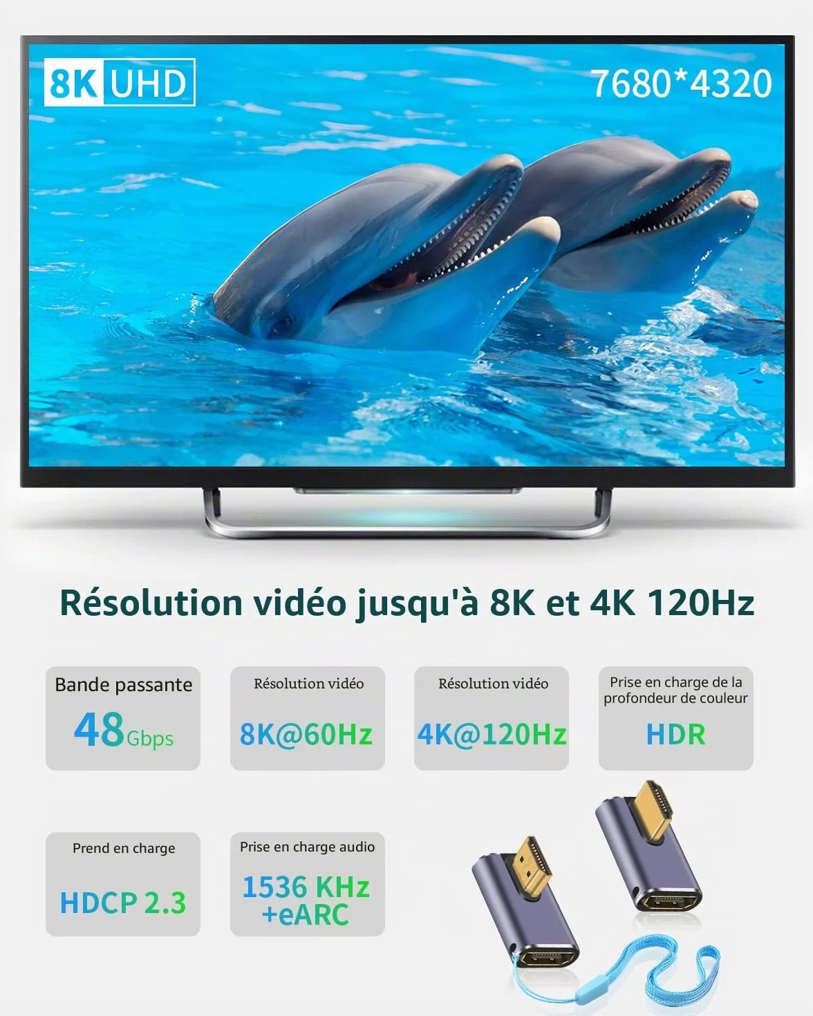 Duttek Adaptateur HDMI coudé 8K 90 degrés 48Gbps UHD 2.1 mâle vers femelle