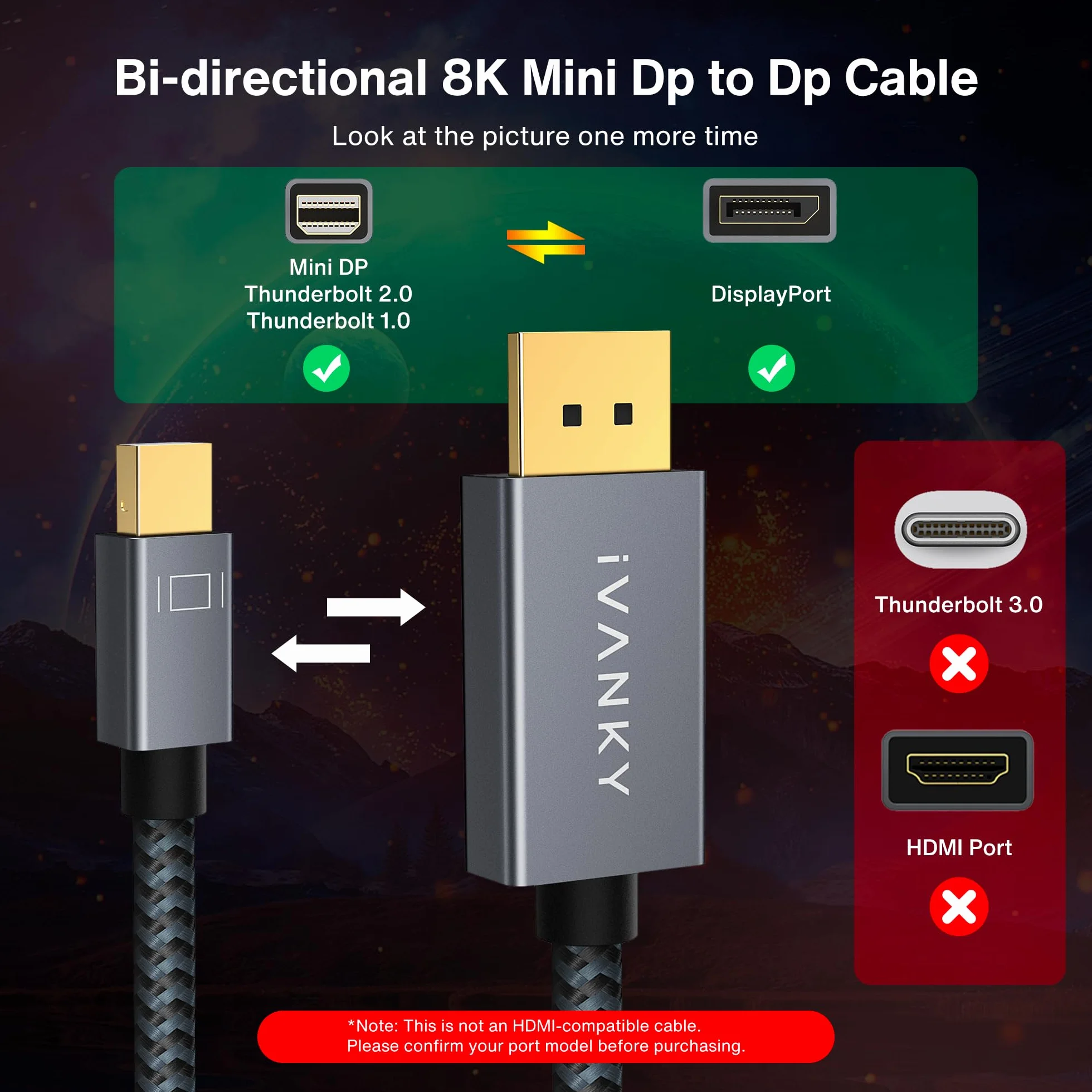 IVANKY Câble Mini DisplayPort vers DisplayPort 2m 8K@60Hz 4K@240Hz Nylon Tressé Plaqués Or 24K Gris