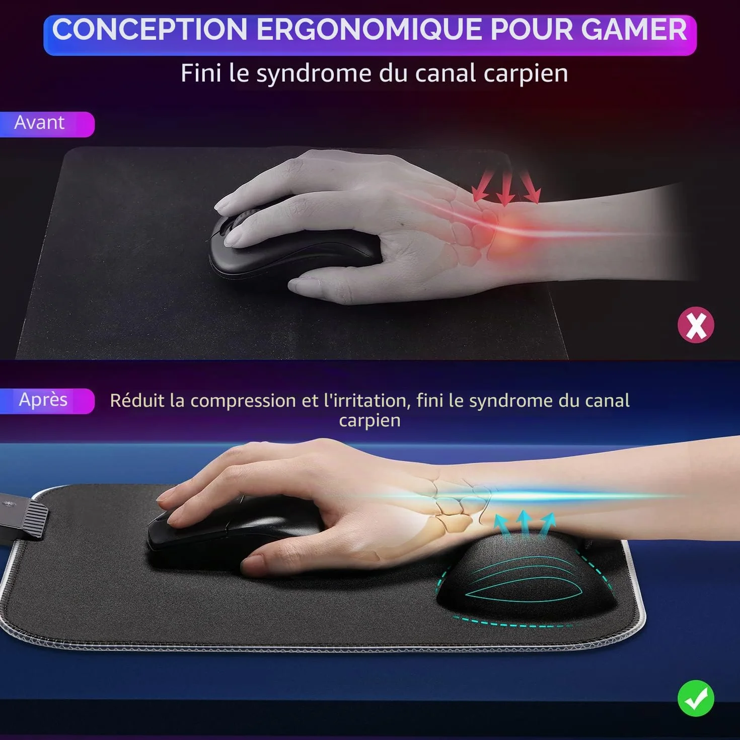 Gimars Tapis de Souris Gaming RGB 305x254mm XL Repose Poignet Gel Base Antidérapante Tissu Lycra