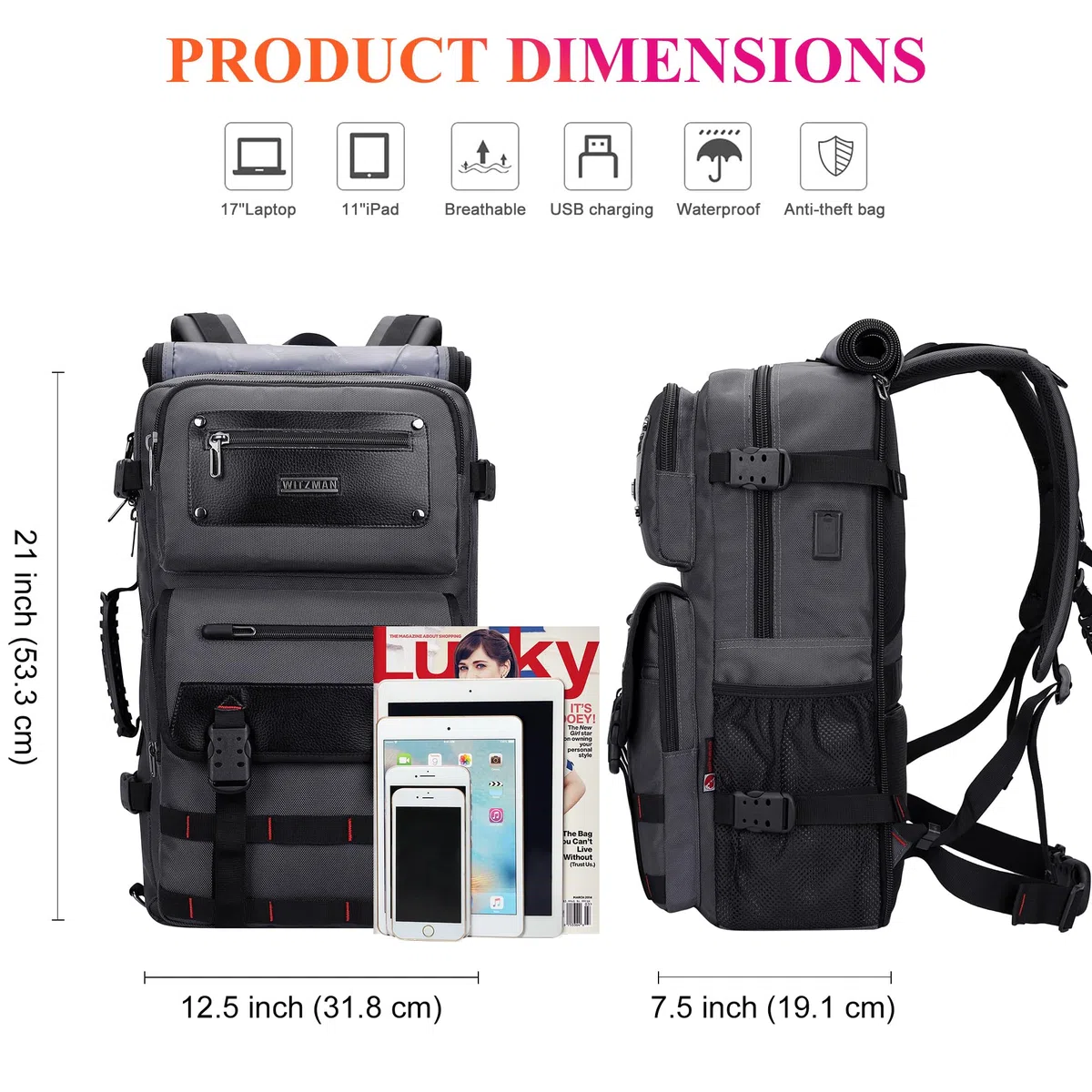 WITZMAN Sac à Dos Voyage Homme Convertible 17 Pouces avec USB