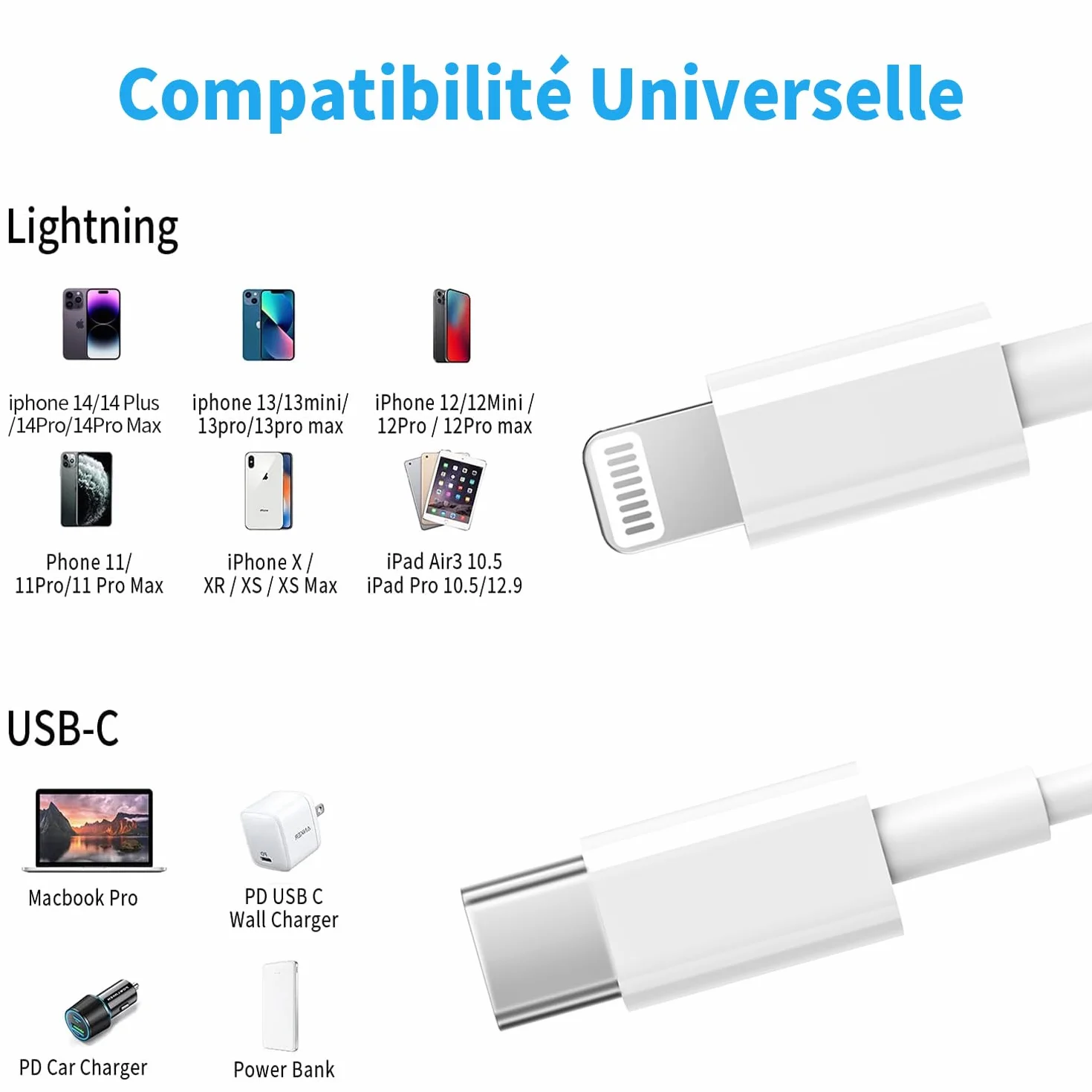 RCTech Câble USB C vers Lightning 1.8 m Lot de 3 MFi Certifié Charge Rapide Power Delivery pour iPhone 14/13/13 Pro/12/12 Pro Max/12 Mini/11/11 Pro/XS/XR/X/8/8 Plus/iPad Blanc