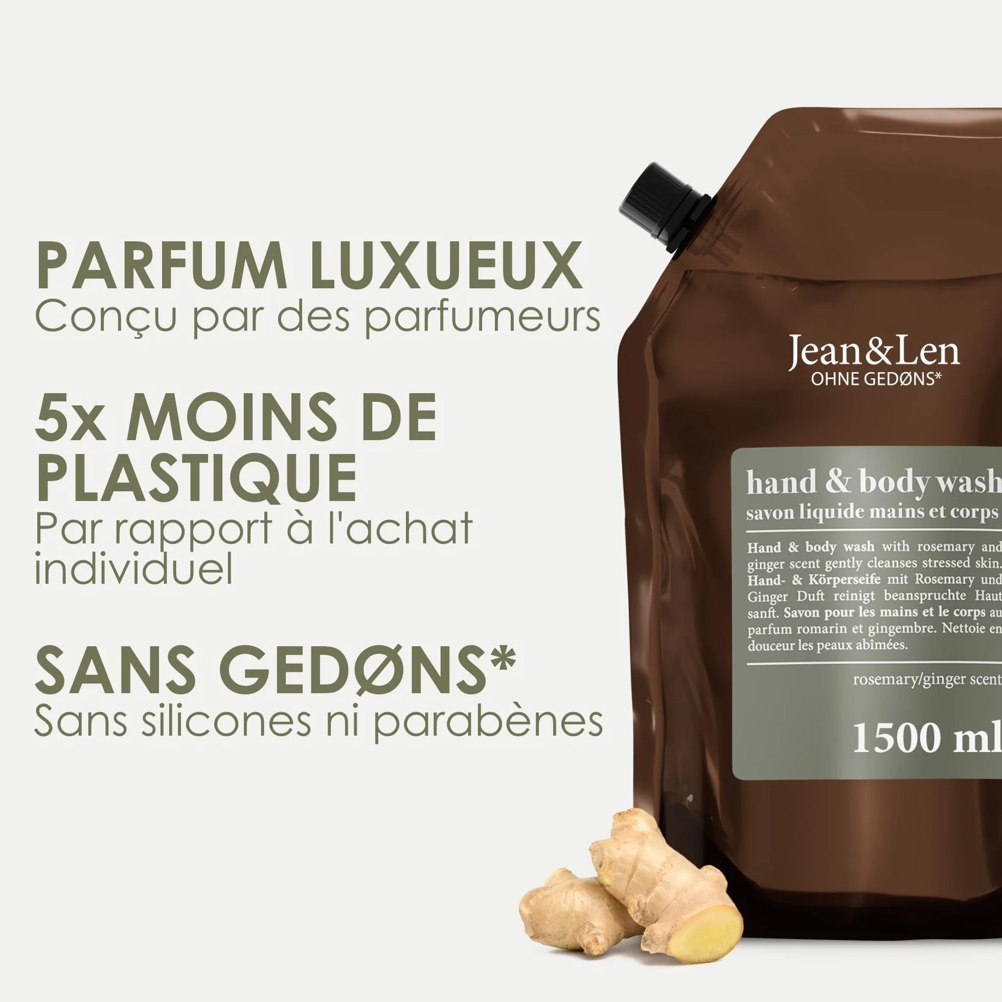 Jean & Len Hand & Body Wash Rosemary et Ginger éco-recharge 1,5 L savon liquide sans silicones parabènes
