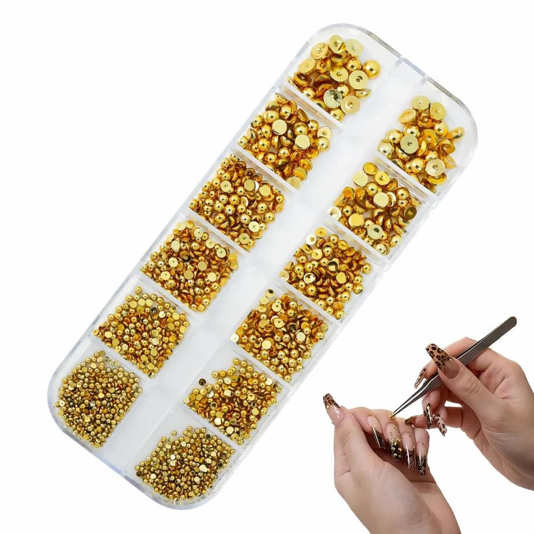 Boîte 3D Flatback Perle Ongle Or, Strass Nail Art, Demi-Rondes Métal pour Deco Ongle