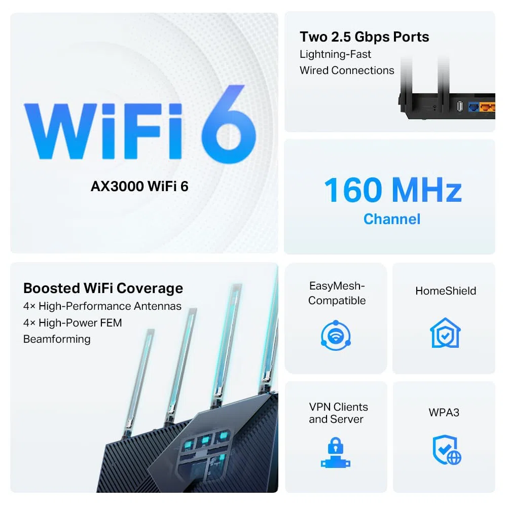 TP-Link AX3000 WiFi 6 Router (Archer AX55 Pro) - Multi Gigabit Wireless Internet Router, 1 x 2.5 Gbps USB Port, Dual Band, VPN, OFDMA, MU-MIMO, WPA3, Compatible with Alexa