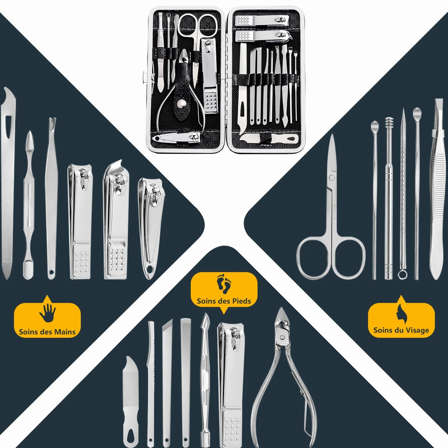 Kit Manucure Pédicure 19 Pièces Acier Inoxydable Professionnel Noir