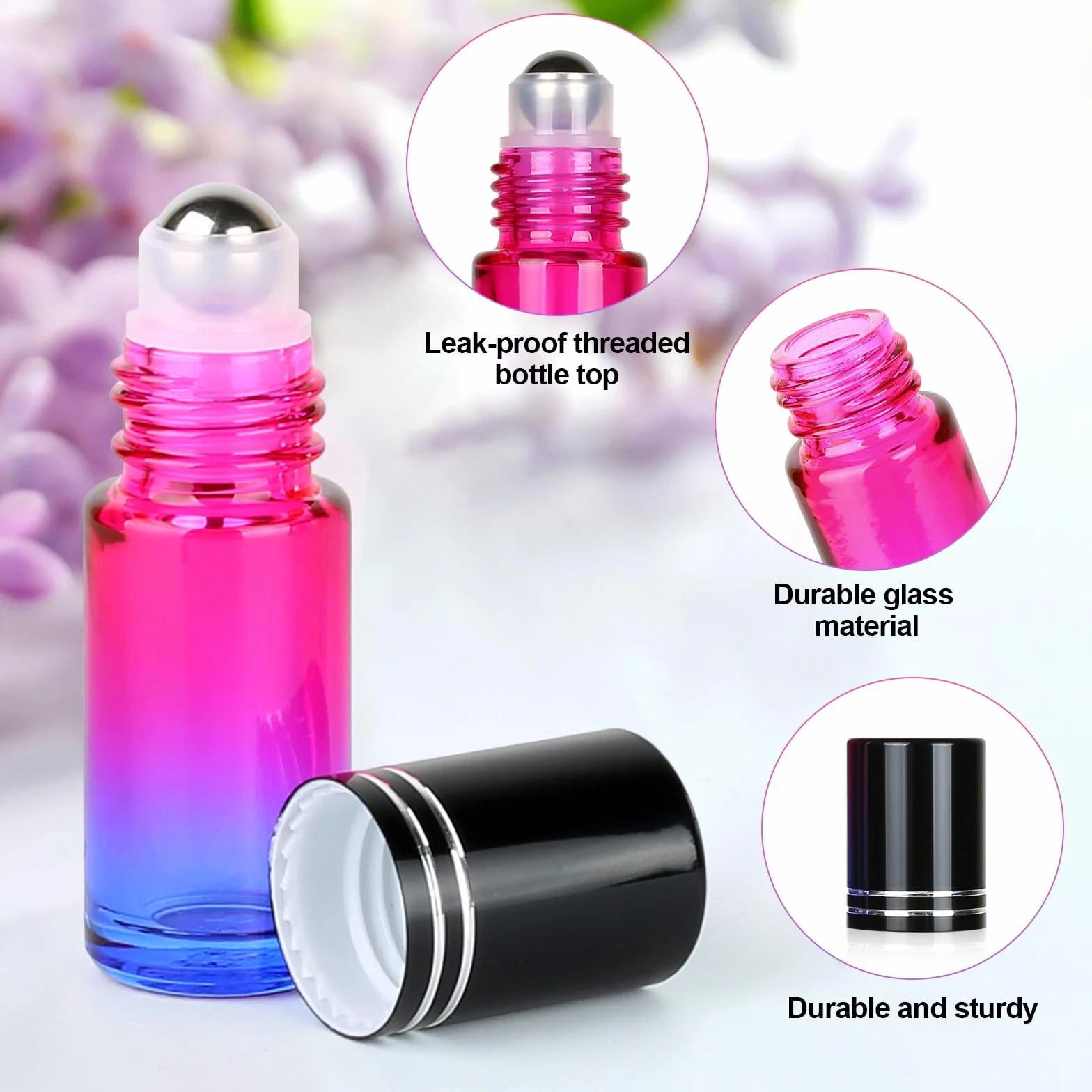 Flacon Roll on Vide 5ml Gradient Verre avec Bille Acier Inoxydable Stickers Parfums Aromathérapie Massage Voyage 15 Pièces