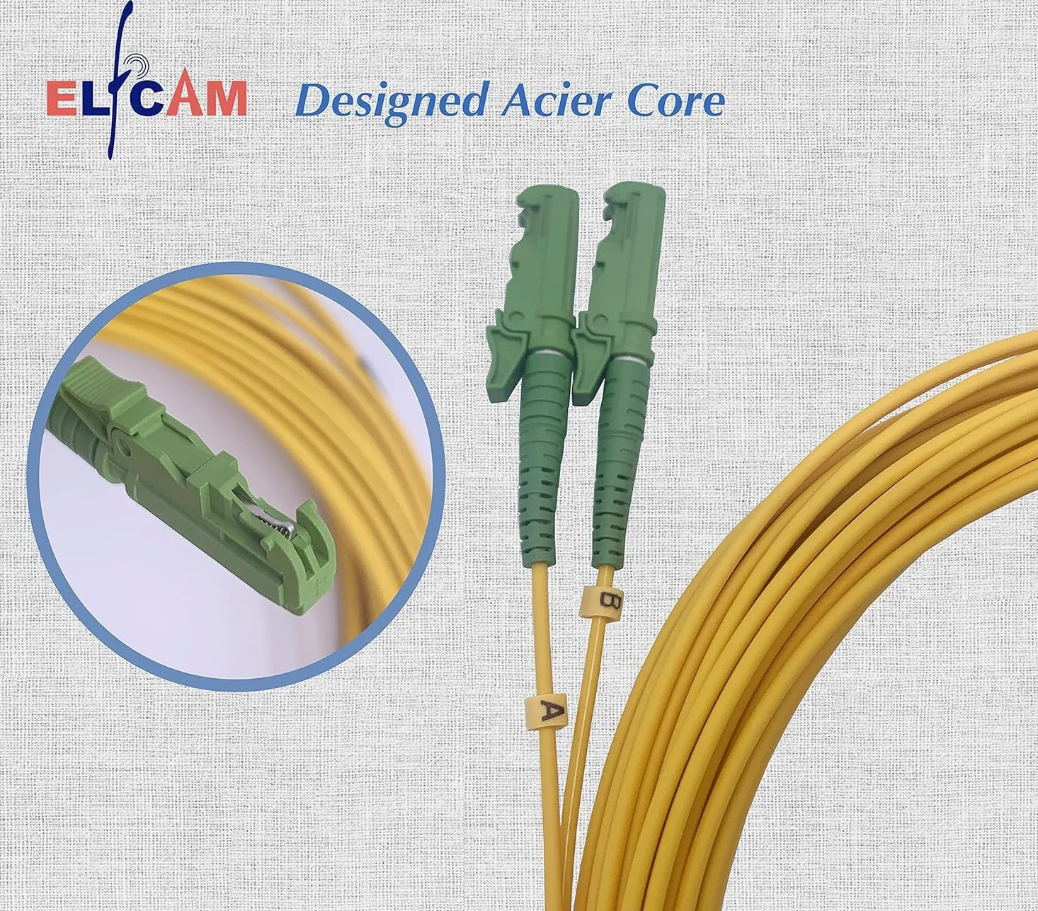 Elfcam® - 30m Câble à Fibre Optique E2000/APC à SC/APC,Monomode Duplex, Jarretière Optique 9/125μm OS2 2.0mm G652D LSZH, Jaune(30M)