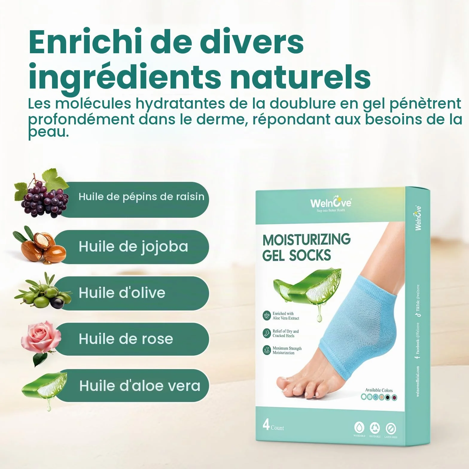 Welnove Lot de 2 paires de chaussettes hydratantes à talon Extrait d'aloe vera Doublure en gel pour pieds secs
