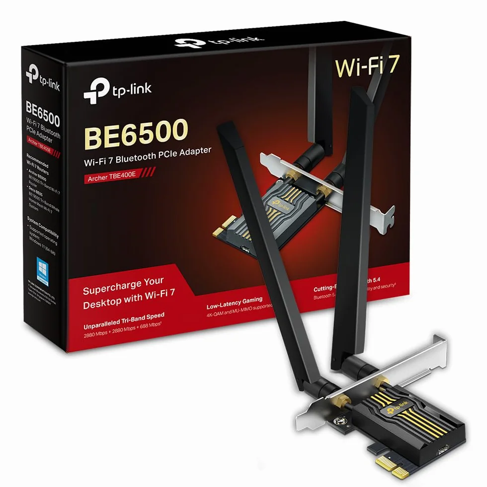 TP-Link Carte WiFi 7 PCIe BE6500 avec Bluetooth 5.4, Archer TBE400E | Tri-bande 6 GHz, MLO, antennes haut gain, idéal gaming/streaming 8K, pour Windows 11 (64 bits) uniquement