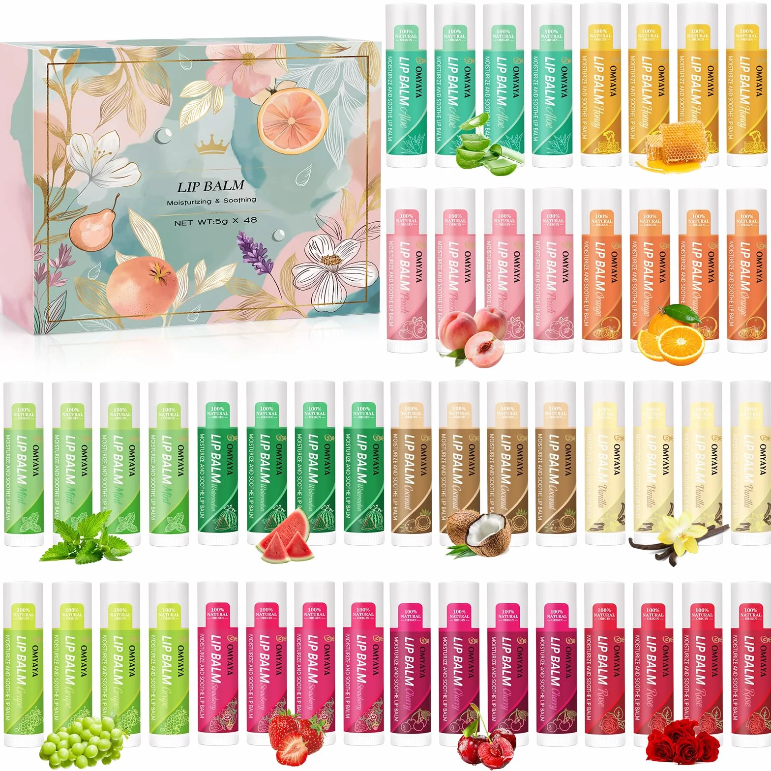 Lot de 48 baumes à lèvres hydratants 12 parfums pour lèvres sèches