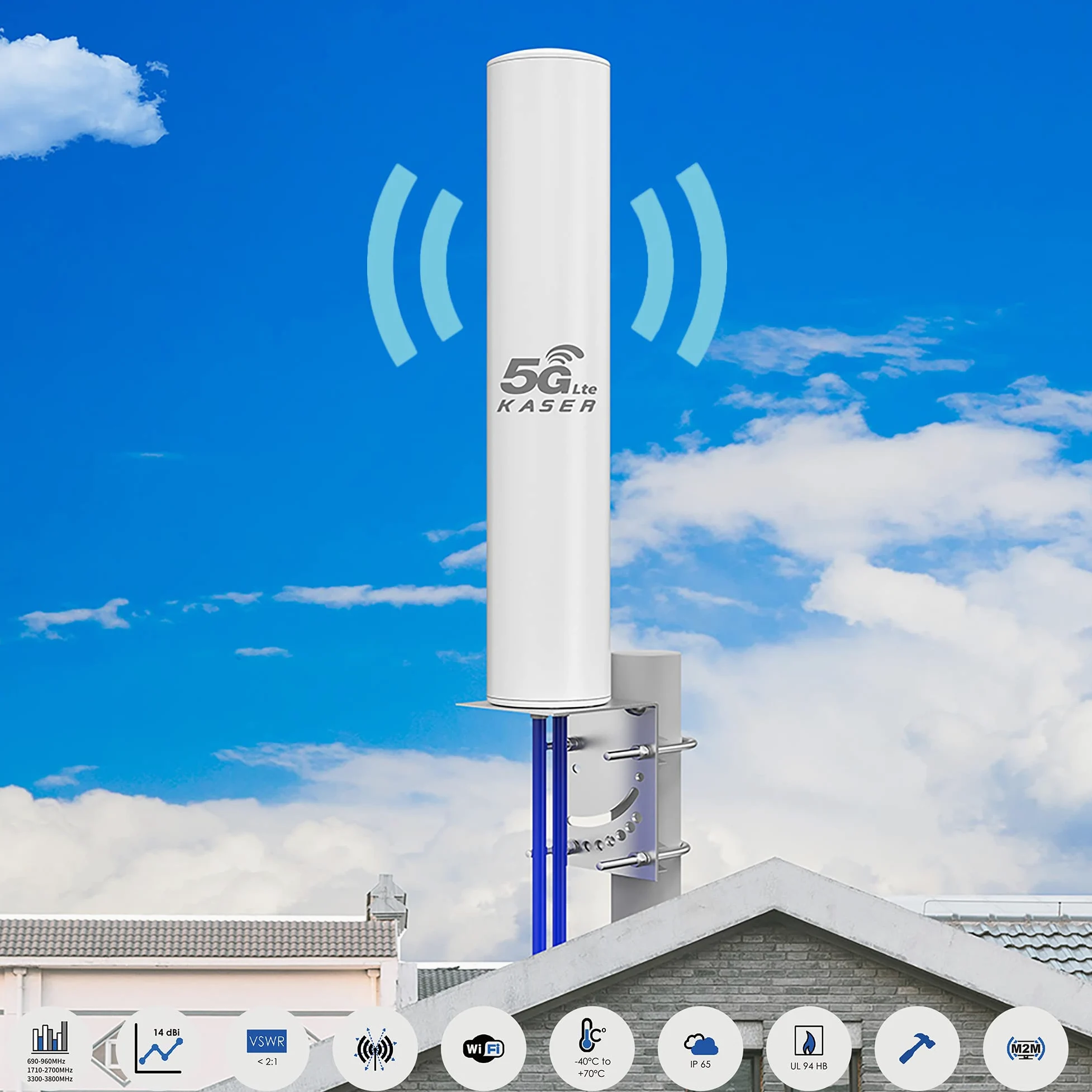 KASER Antenne 4G 5G LTE Exterieur Mimo Omnidirectionnel Étanche 698-2700 | 3300-3800 MHz Connecteur N-SMA Adaptateur TS9 Compatible pour Routeur 4g 5g Réception jusqu'à 15 KM (Câble 2 x 10M)