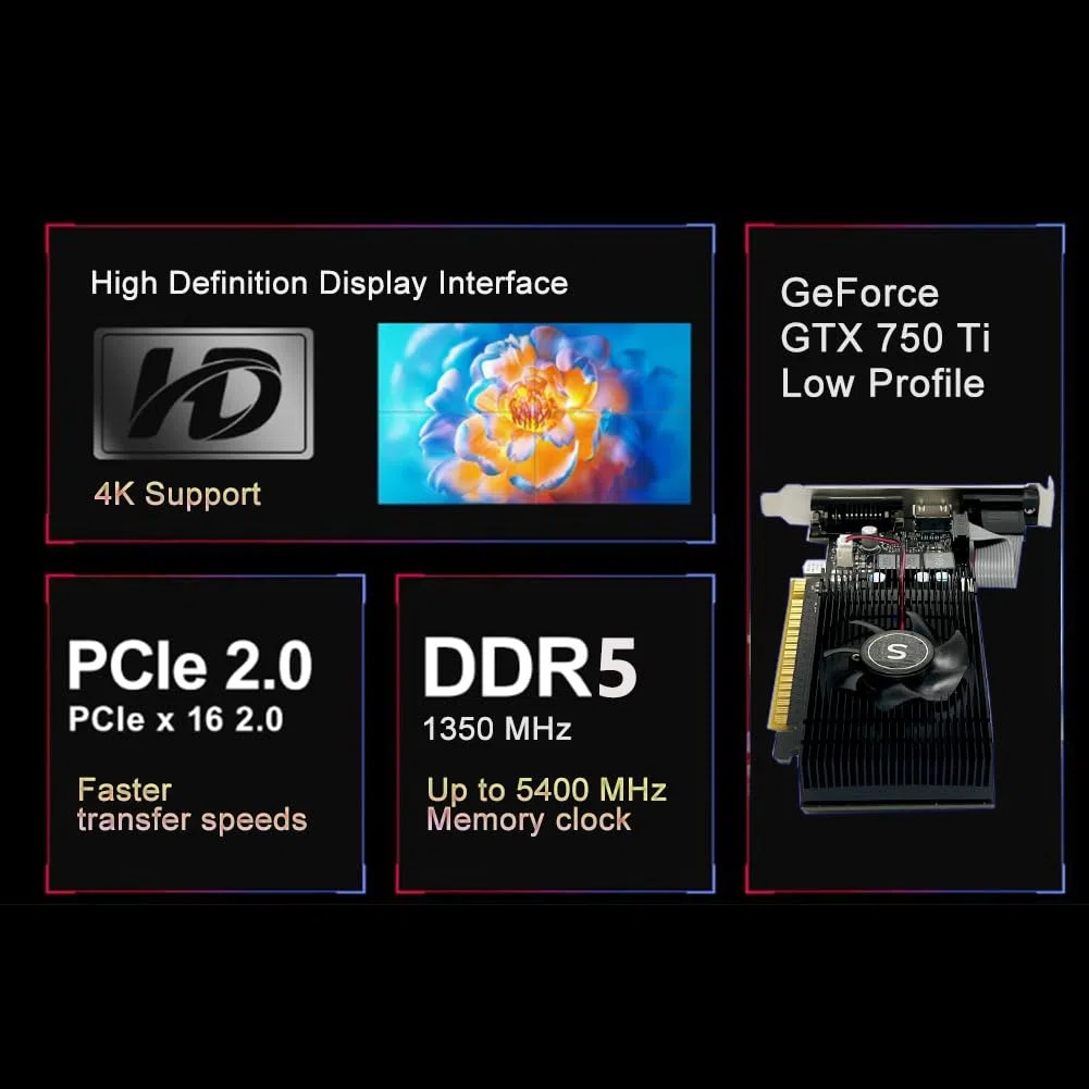 GTX 750 Ti Carte Graphique 4 Go 128 Bits DDR3, HDMI, VGA, DVI, Low Profile Carte Video PC, GPU, PCI Express x16, DirectX 12