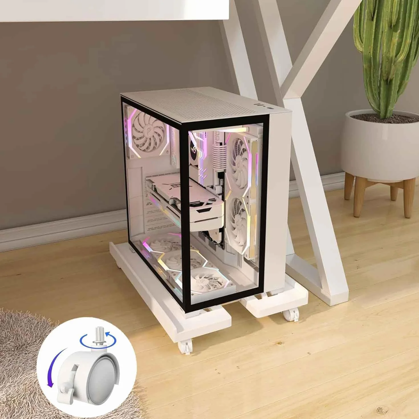 Support PC avec 4 roulettes, pour Bureau, Gamers, étudiants, Maison, Blanc