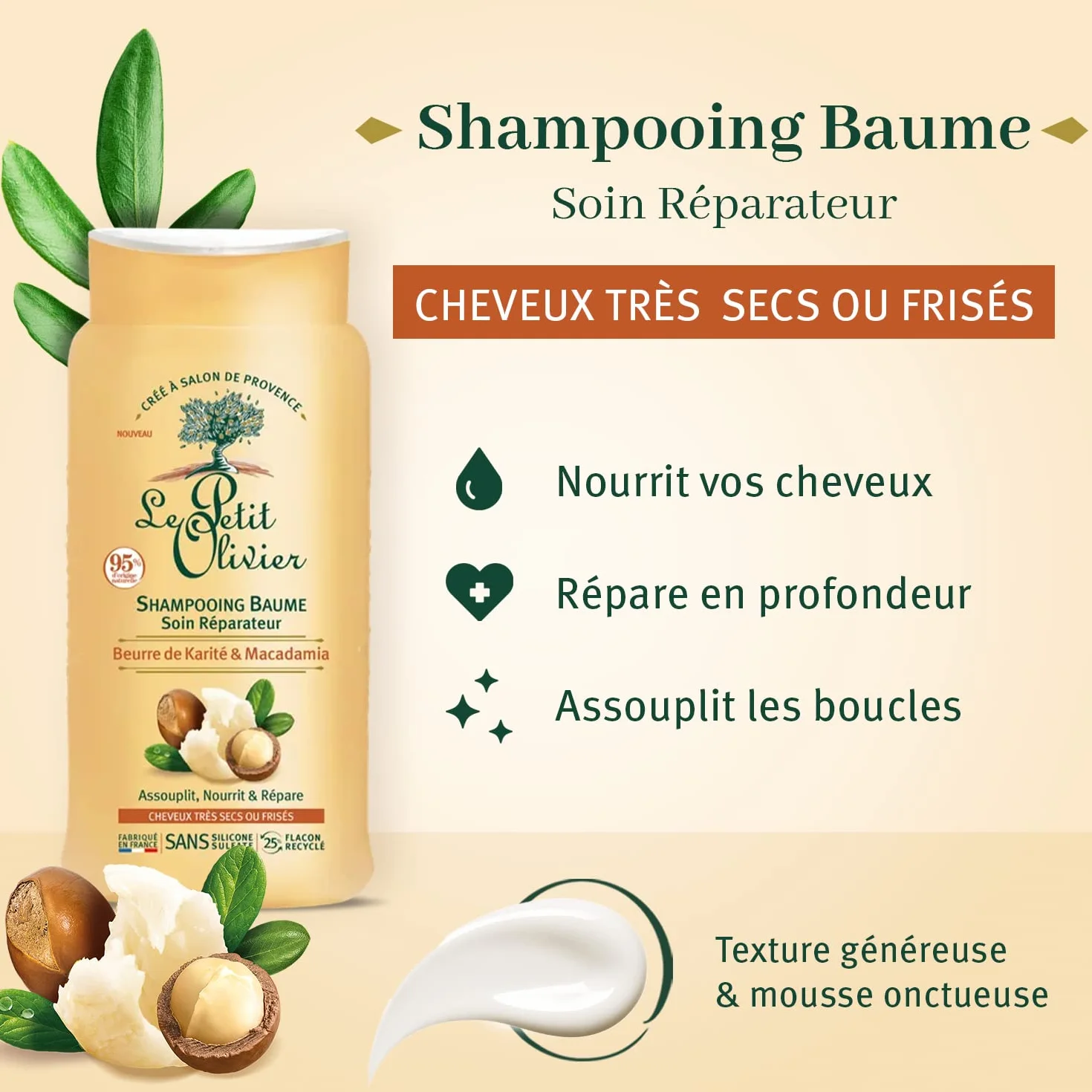 LE PETIT OLIVIER Shampooing Baume Soin Réparateur Karité Macadamia Nourrit Répare Cheveux Très Secs Frisés sans Silicone Sulfate Fabriqué France 250ml