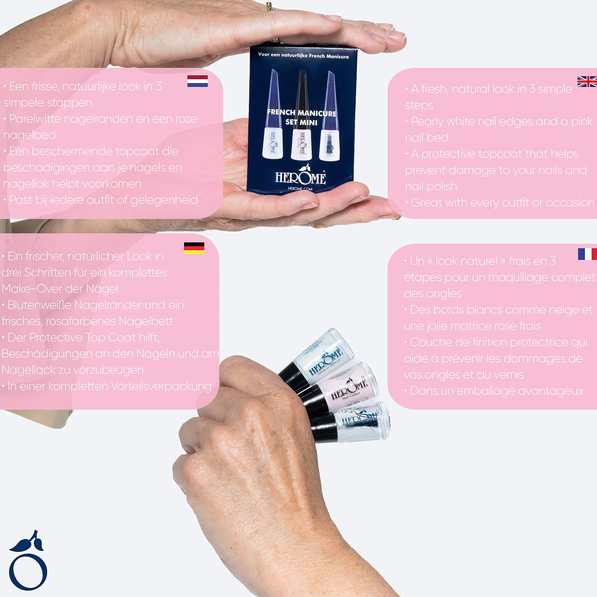 Herome Kit French Manicure Mini - Kit de Voyage - Vernis à Ongles 3 Étapes 3x4ml