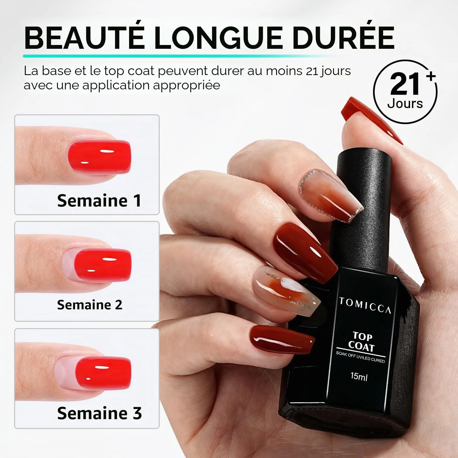TOMICCA Base and Top Coat Vernis Semi Permanent 2x15ml UV LED Gel Nail Set