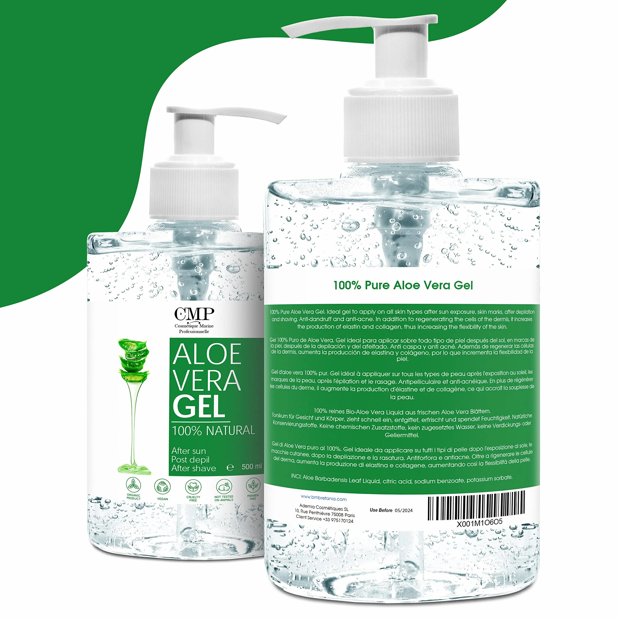 Gel d'aloe vera pur 100% naturel hydratant apaisant 500 ml