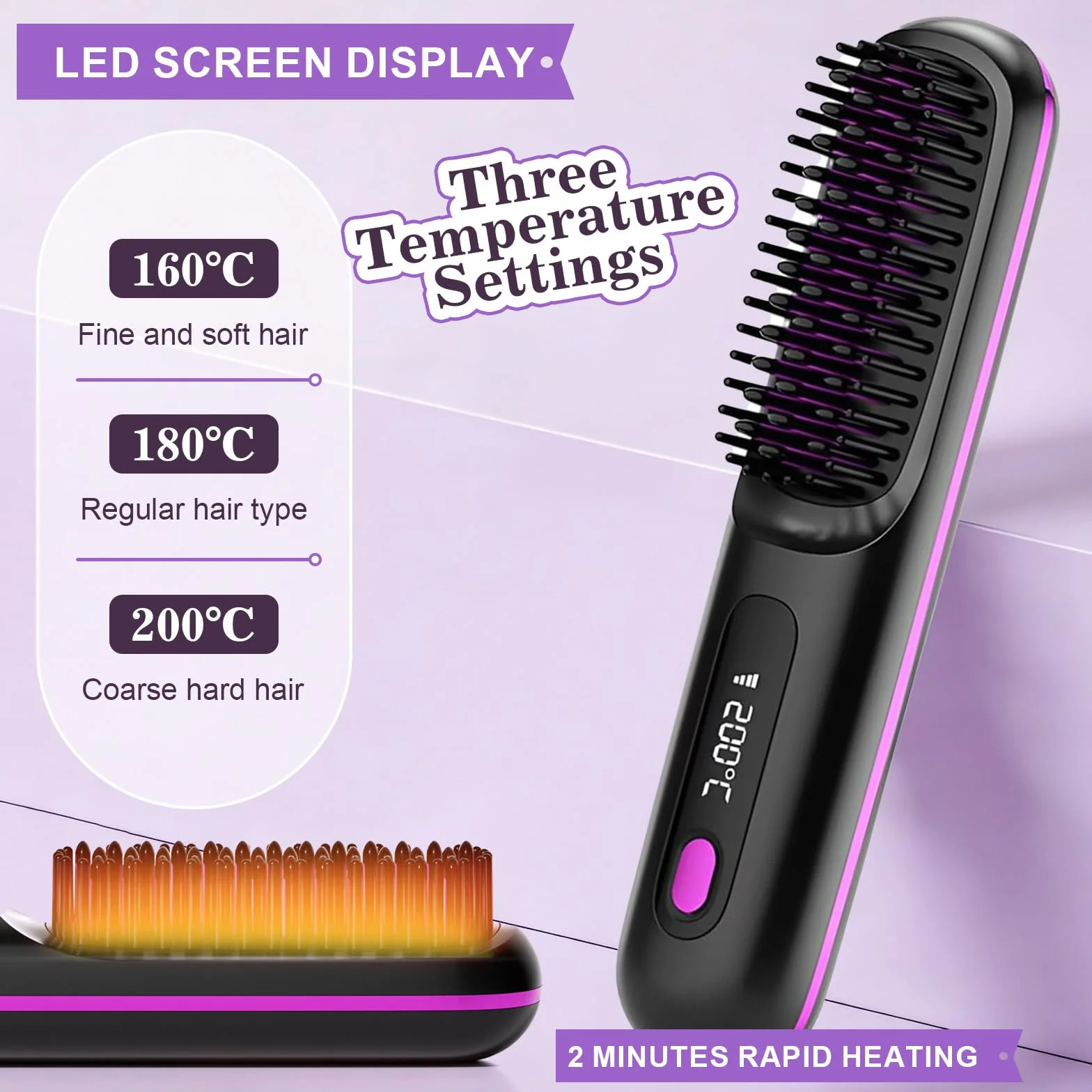 Brosse Lissante Sans Fil 4 en 1, Fer à Lisser Céramique Anti-Brûlure 3 Réglages avec Affichage LED