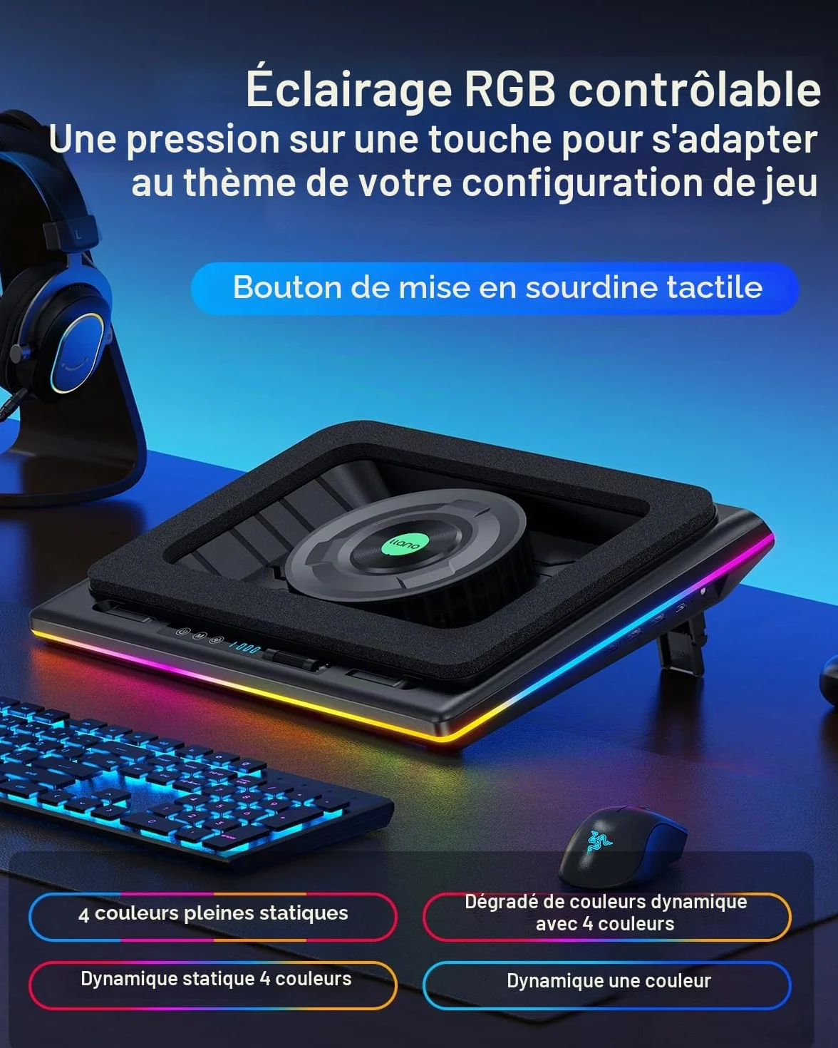 Refroidisseur Ordinateur Portable RGB 14cm Turbo Ventilateur Vitesse réglable Mousse d'étanchéité 3 Ports USB 38-48cm