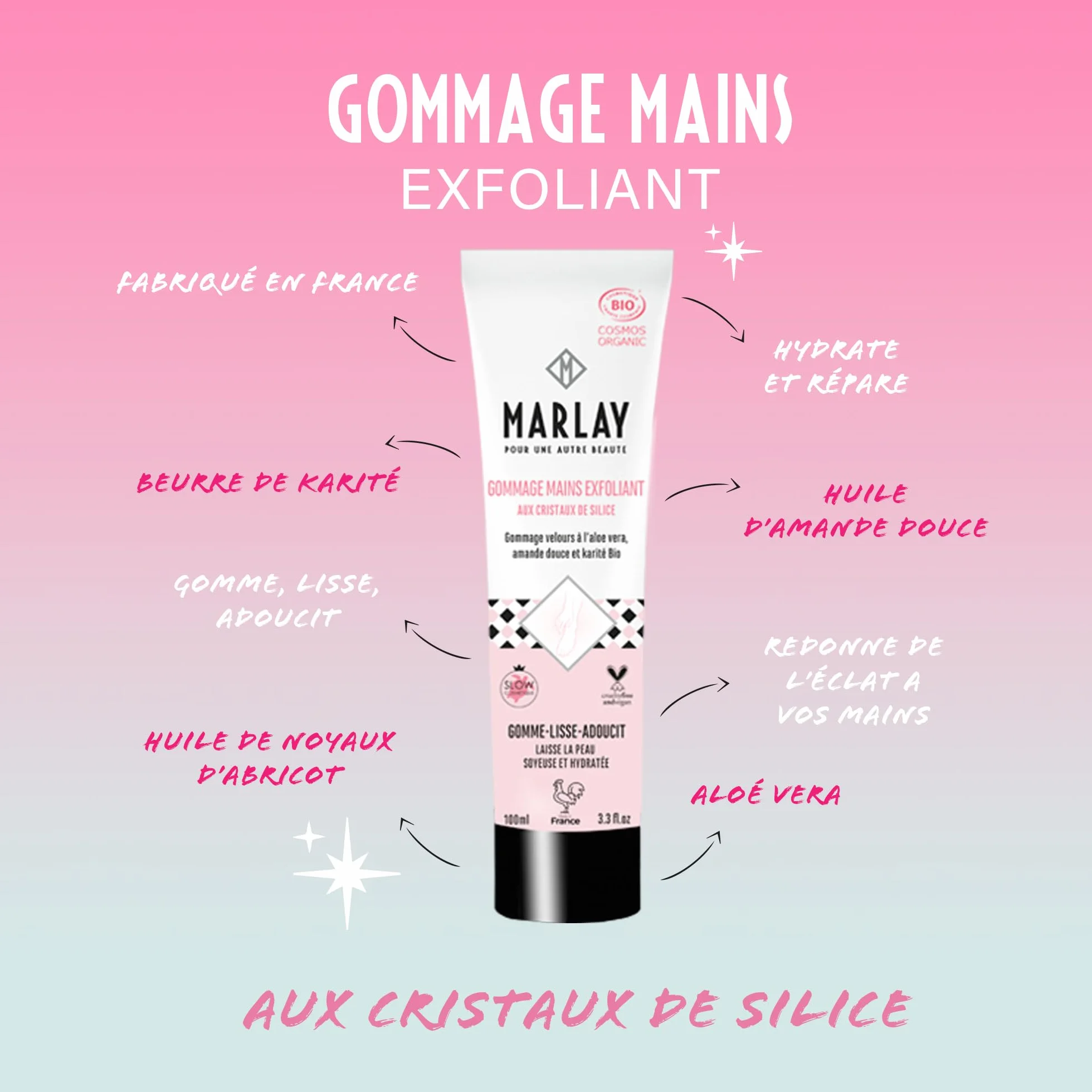 Marlay Cosmetics Gommage Mains Exfoliant 100 ml Peeling Mains Crème Exfoliante Bio Aloe Vera Beurre Karité Cristaux de Silice