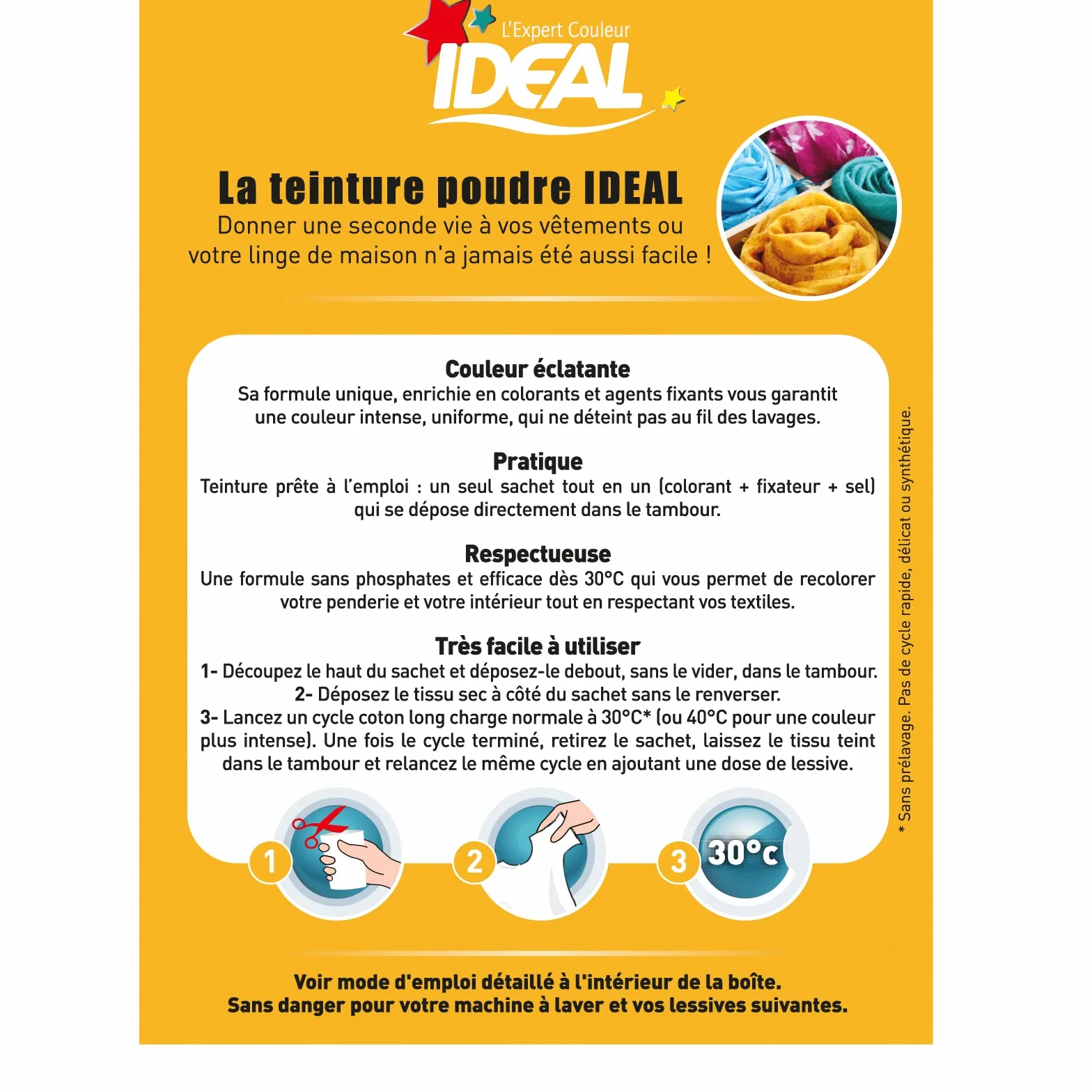 IDEAL Kit Teinture Tout en Un Mini Jaune 230 g Colorant Fixateur Sel Teinture Textile Longue Tenue Coton Lin Soie Viscose