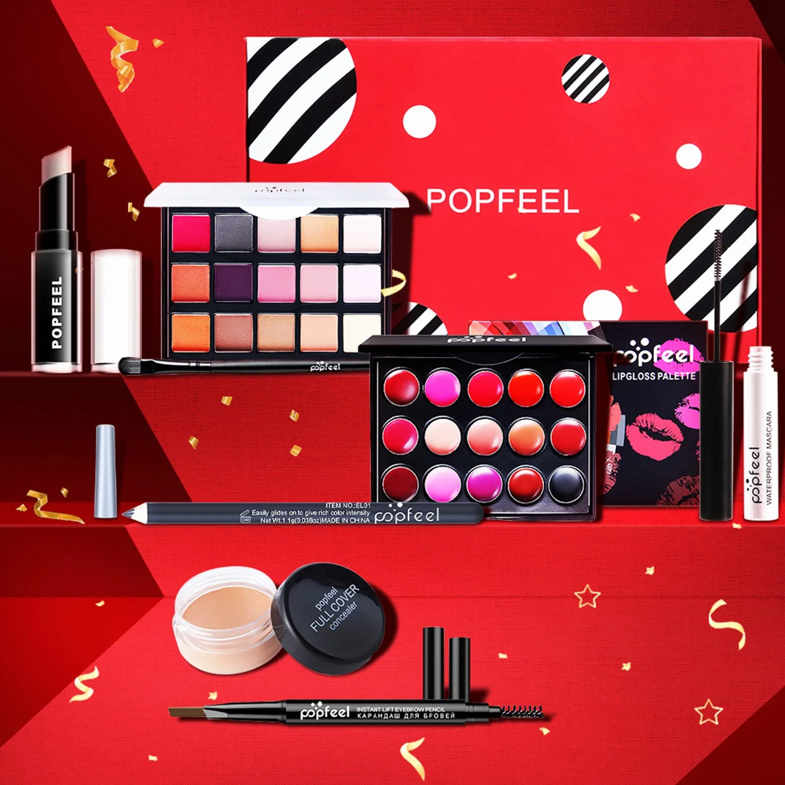 Kit tout-en-un maquillage 8 pièces avec fard paupières, brillant lèvres et pinceaux correcteur