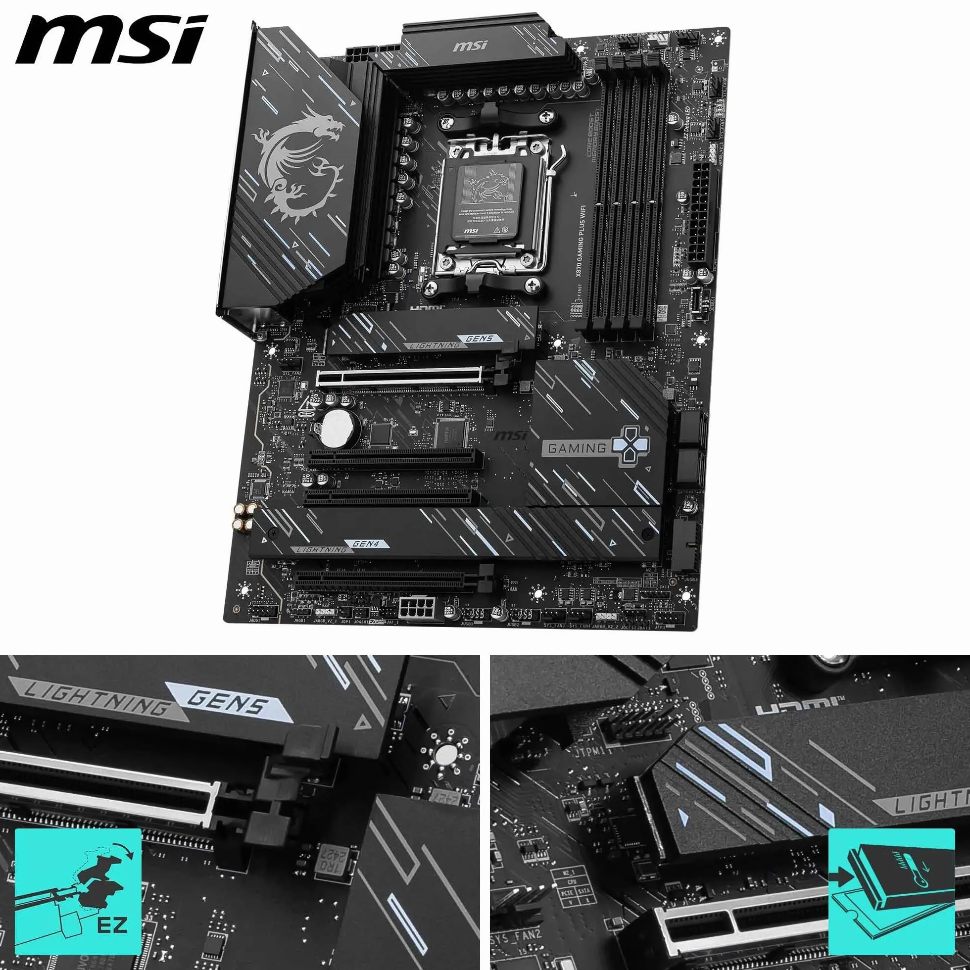 MSI Carte mère X870 Gaming Plus WiFi V1, ATX prend en charge les processeurs AMD Ryzen 9000/8000/7000, AM5-60A SPS VRM, DDR5 Memory Boost 8200+ MT/s (OC), PCIe 5.0 x16 & 4.0 x16, M.2 Gen5, Wi-Fi 7, 5G