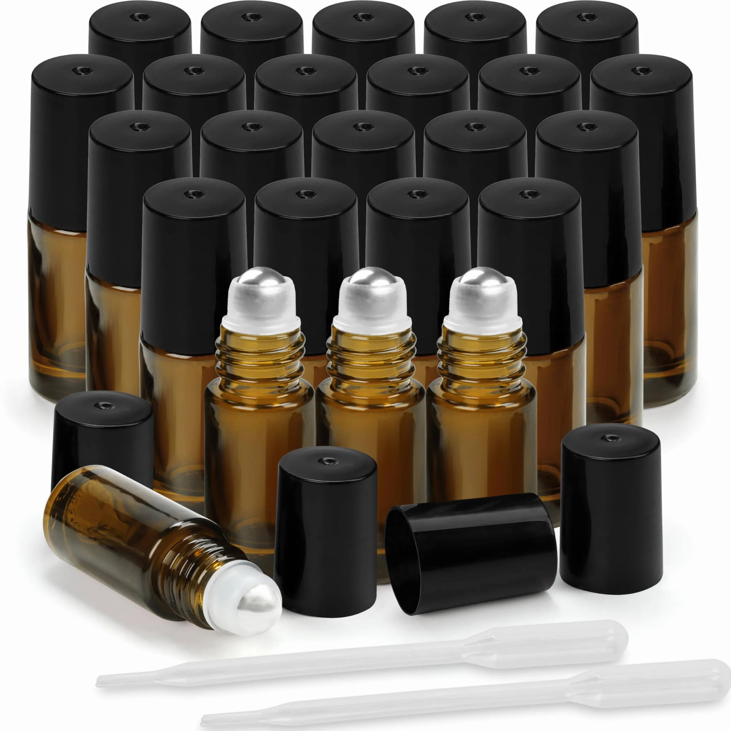 BELLE VOUS Lot de 24 Roll On Huiles Essentielles Flacon en Verre Ambré 3 ml Rechargeable Bille Inox