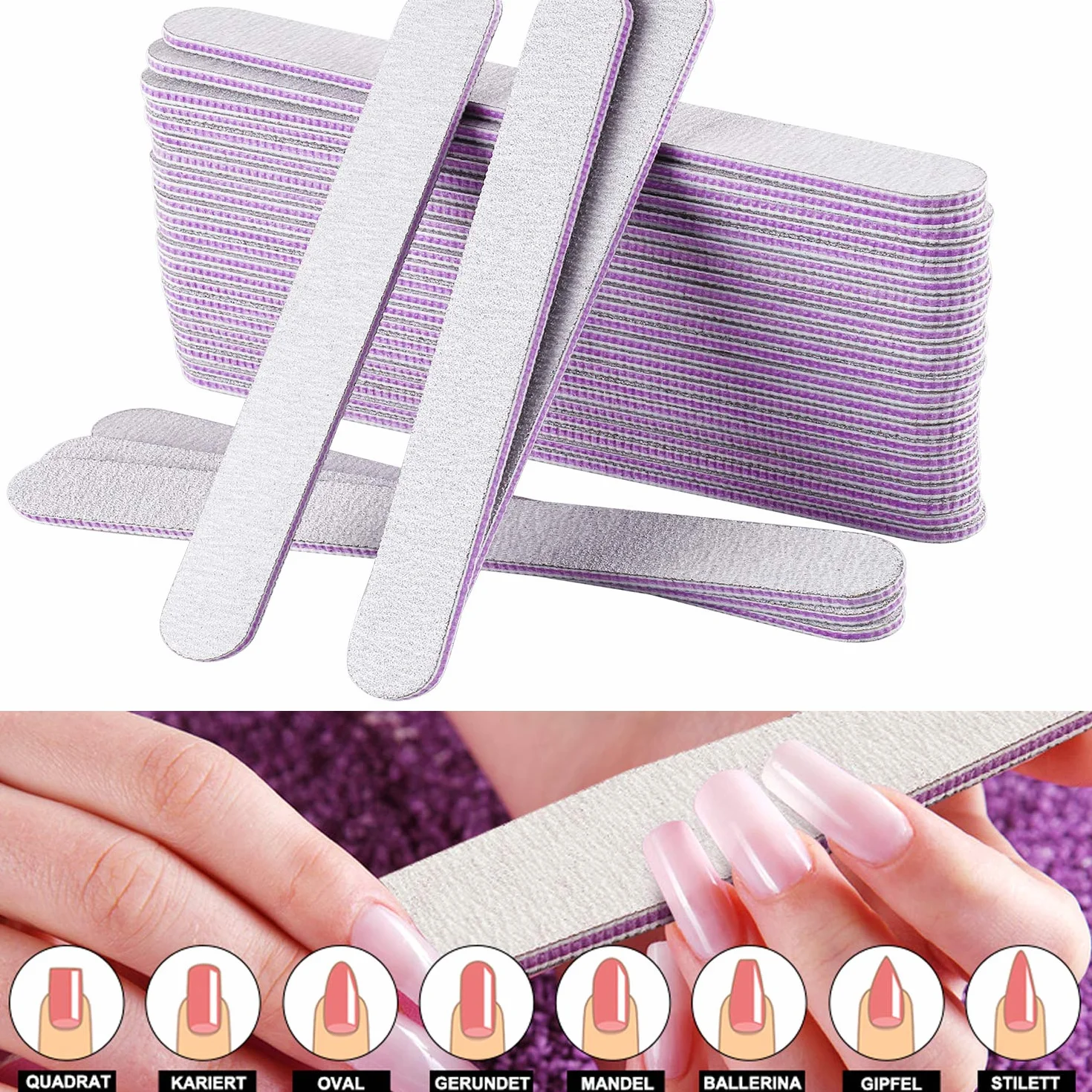 Limes à Ongles Professionnelles Double Face 100/180 Grain, AYITOO, Pour Manucure Nail Art, Forme Straight Gris Violet