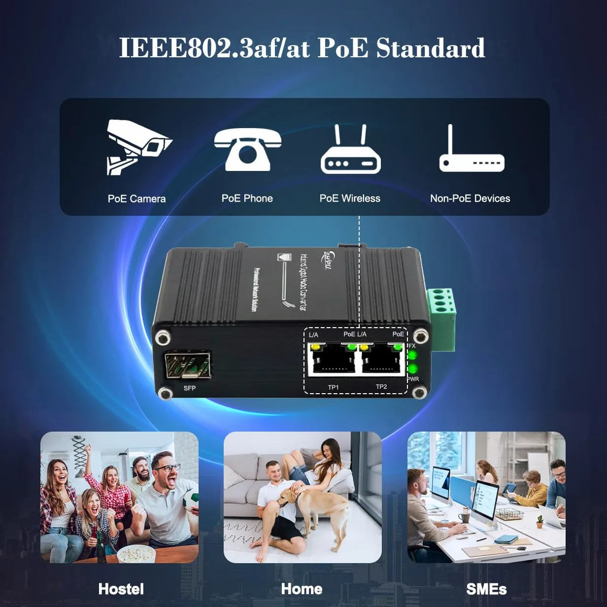 Mini convertisseur de média à fibre Gigabit industriel à 2 ports prenant en charge l'installation sur rail DIN, commutateur à fibre IEEE 802.3af/at 30 W PoE+ avec 2 ports RJ45 et 1 port SFP, entrée