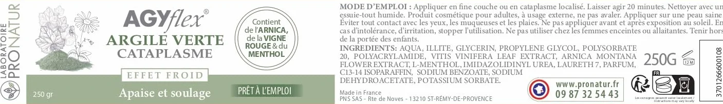 Cataplasme Cryo AGYflex Argile Verte 250g Vigne Rouge Arnica Menthol Bien-être Muscles Articulations Fabriqué en France