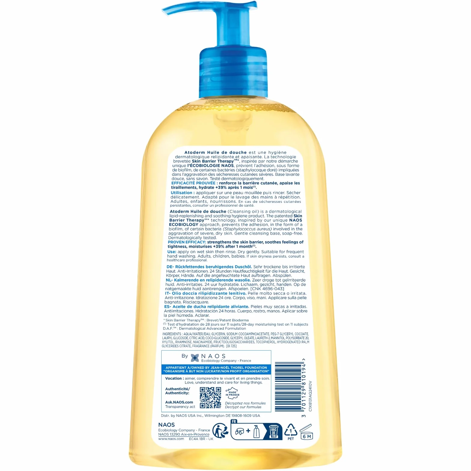 Bioderma Atoderm Huile de Douche Nettoyant Apaisant Anti-Irritations 500 ml Peaux Sensibles Sèches