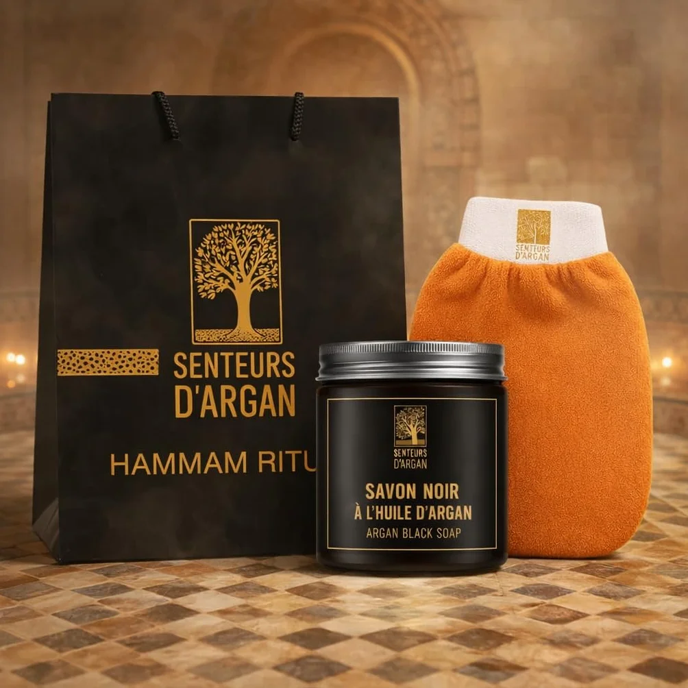 Gant de gommage kessa exfoliant + Savon noir à l'huile d'argan pour hammam