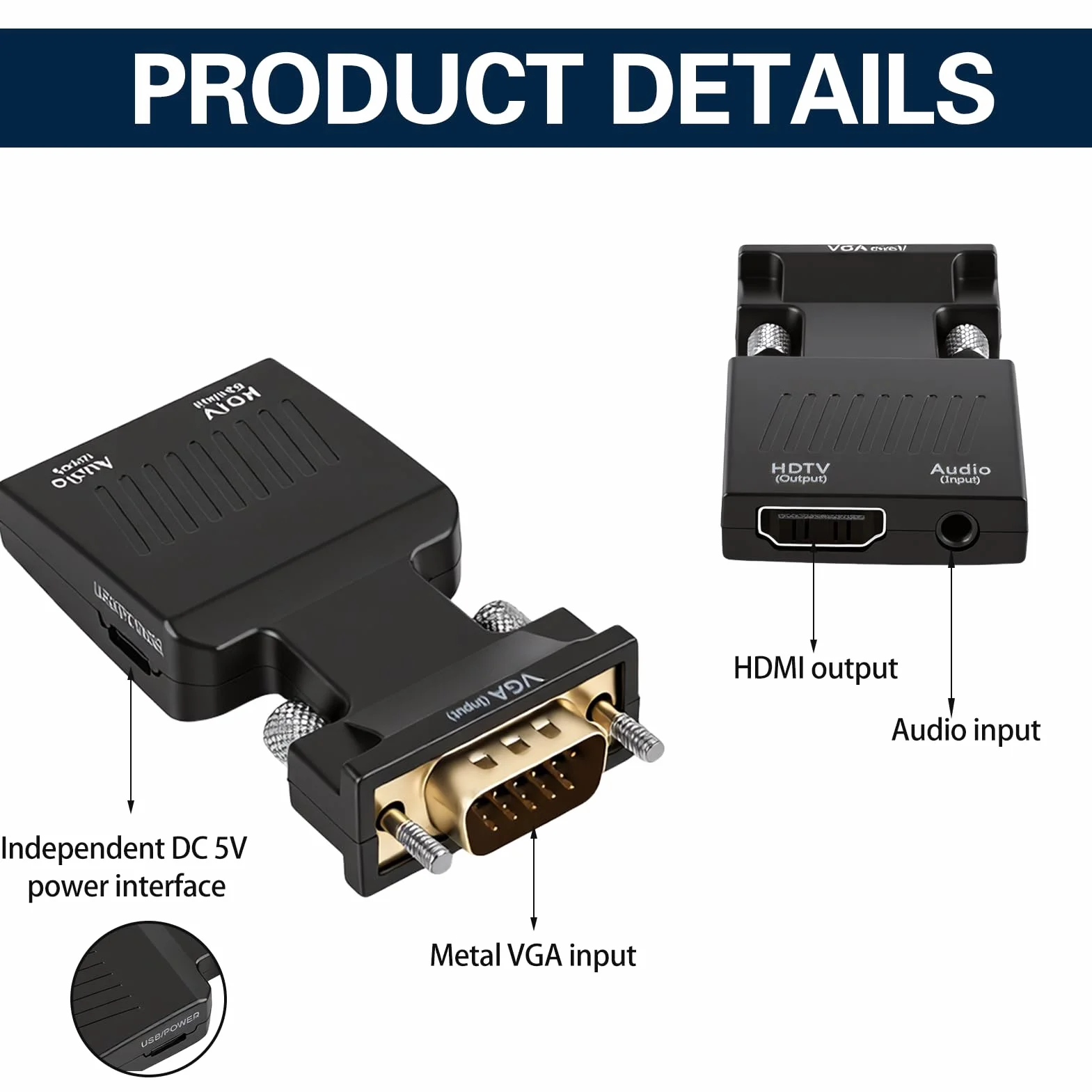 Adaptateur VGA vers HDMI Audio 1080P Convertisseur Mâle Femelle Jack 3.5mm Câble USB