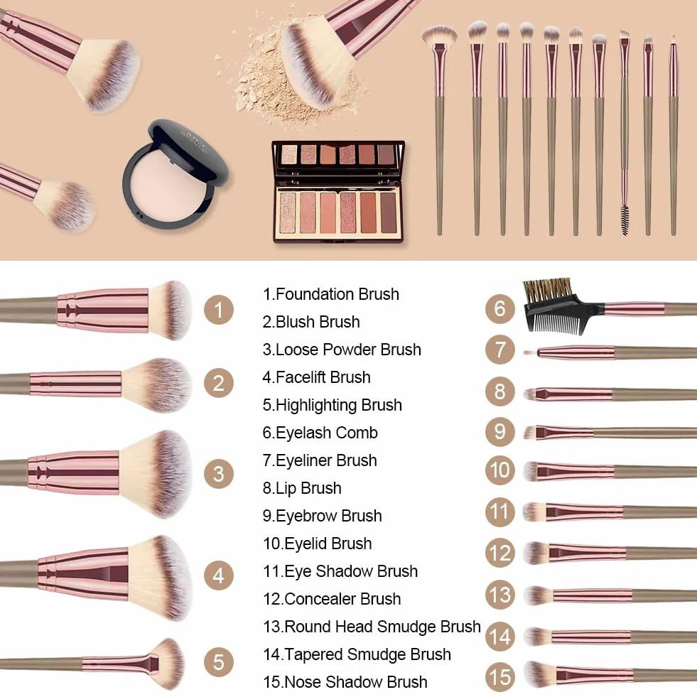 Vicloon Ensemble de pinceaux cosmétiques 15 Pièces Professionnels Set Synthétiques